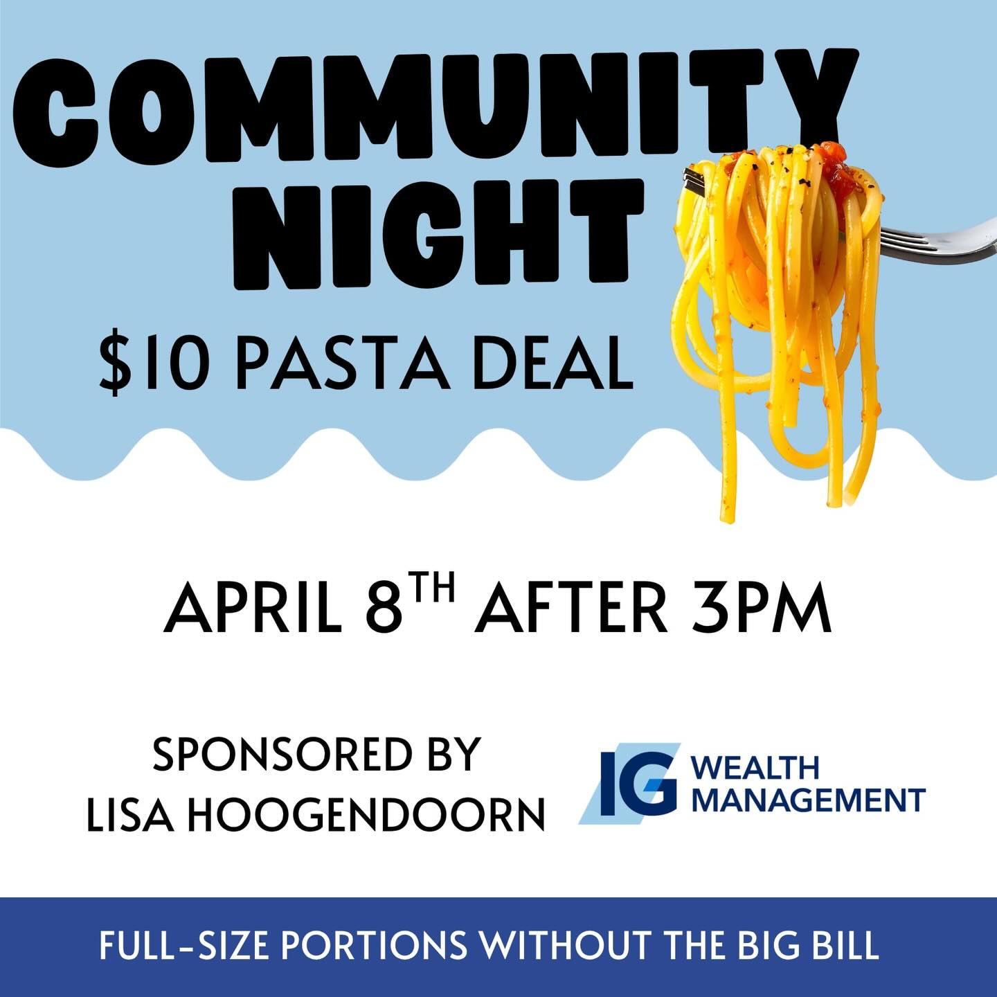 A night like this only works because of three very important things ⬇️⬇️
A venue that gets it
Food costs are on the rise, and we wanted to find a way to bring the community a GREAT size meal — without the price tag.
A sponsor stepping up big time
Lisa Hoogendoorn from IG Wealth Management has gone above and beyond, covering a large portion of the food cost so we can offer THREE amazing options for just $10 per plate.
The community (that’s you)
Events like this take a ton of effort and only work with your support. Bring your friends, bring your family — let’s enjoy an affordable night out together.
Already 25% full — don’t wait
Reserve your table today: (250) 765-8956 Ext. 7
#communitynight #pastadeal #kelowna #freddysbrewpub #igwealthmanagement