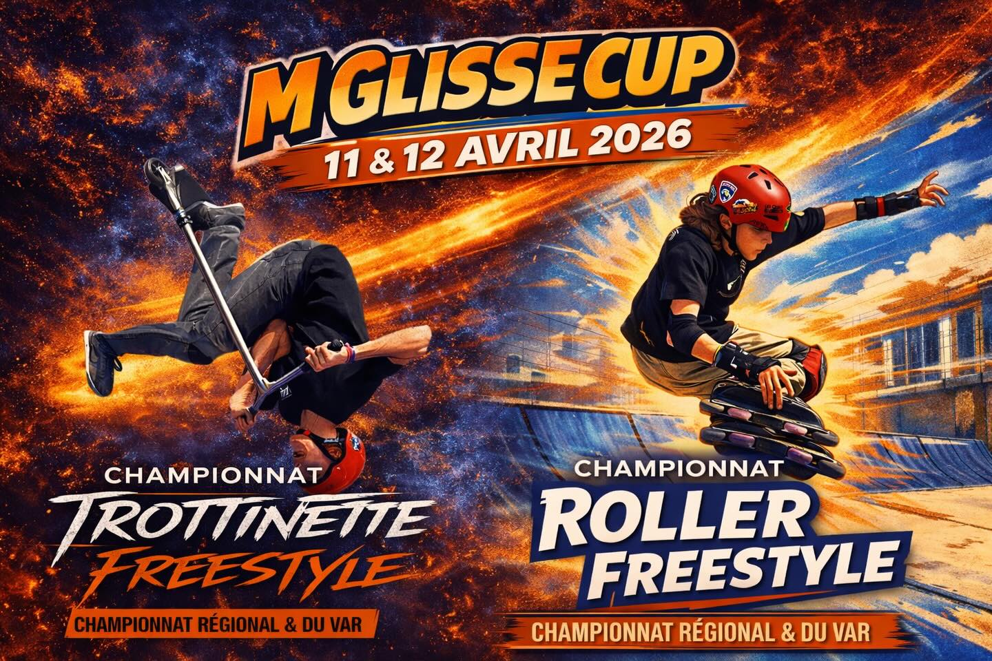 🔥 M GLISSE CUP 2026 – INSCRIPTIONS OUVERTES 🔥
Le 11 & 12 avril, le M Glisse Park accueille une étape du Championnat Régional et du Championnat du Var en trottinette et roller freestyle 🛴🛼
👉 Samedi 11 avril : Trottinette Freestyle
👉 Dimanche 12 avril : Roller Freestyle
🏁 Jam sessions en qualifications
🔥 Finales en runs
🏆 Podiums & lots
Catégories :
-10 ans / 11-14 ans / 15-17 ans / +18 ans
⚠️ Places limitées – inscriptions ouvertes dès maintenant
🔗 Lien www.mglisse.com
📍 M Glisse Park – La Crau
Viens rider, performer et partager un week-end de pure glisse 🔥
#MGlisseCup #RollerFreestyle #TrottinetteFreestyle #Skatepark #lacrau