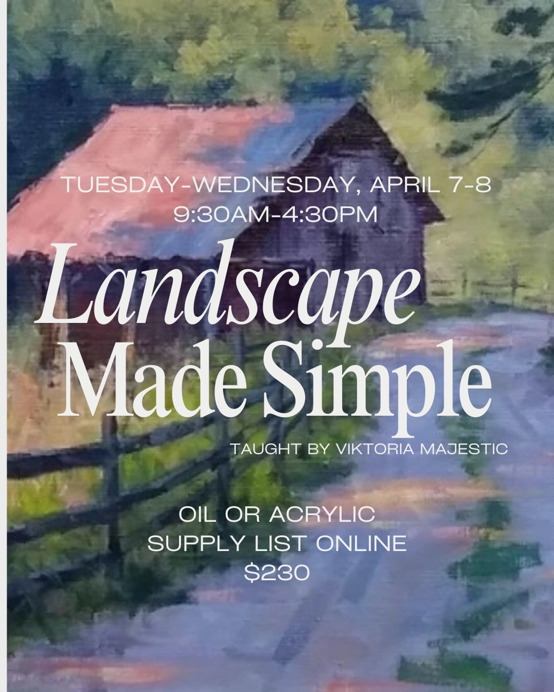 We’ve got some super fun classes coming up next week with spots still open!🌸🎨
🖼️Landscape Made Simple with Viktoria Majestic
Tuesday-Wednesday, April 7-8 | 9:30am-4:30pm | $230
~In this hands-on workshop, Viktoria will guide you through the process of transforming a landscape image into a stunning painting.
With a focus on the fundamentals—composition, perspective, value, and color—this workshop is perfect for all skill levels.
▪️More info & Supply list online
🖌️About the instructor: Viktoria K. Majestic is a classically trained Hungarian-American artist based in North Carolina. She studied art both in Europe and the United States, with her work featured in collections across the US and abroad. Influenced by masters like Zorn, Sorolla, Sargent, Levitan, and contemporary artists, her art reflects a deep connection to nature and classical techniques. Growing up in a small European town, Viktoria developed a love for art and nature, spending her time exploring the outdoors.
🍇Paint Your Own Charcuterie Board with Lydia de la Cerda
Thursday, April 9 | 5:30pm-7:30pm | $35
~In this workshop at Old Barn Winery, you will paint your own custom Charcuterie Board!
All materials are provided, along with a glass of wine of your choice. Enjoy a relaxed night of painting and creativity with instructor Lydia de la Cerda.
🖌️About the instructor: Lydia’s passion for bold colors and unique designs is deeply influenced by her Hispanic roots. Having lived in Mexico for several years and spent time in Guatemala, she draws inspiration from the vibrant cultures and traditions of these regions. With over 20 years of dedication to painting and the arts, Lydia has created countless beautiful works of art that reflect her unique perspective and creative spirit.
✨Register at florenceartschool.org/workshops✨
#westjefferson #florencethomas #artworkshops #oilpaint #ashecountync