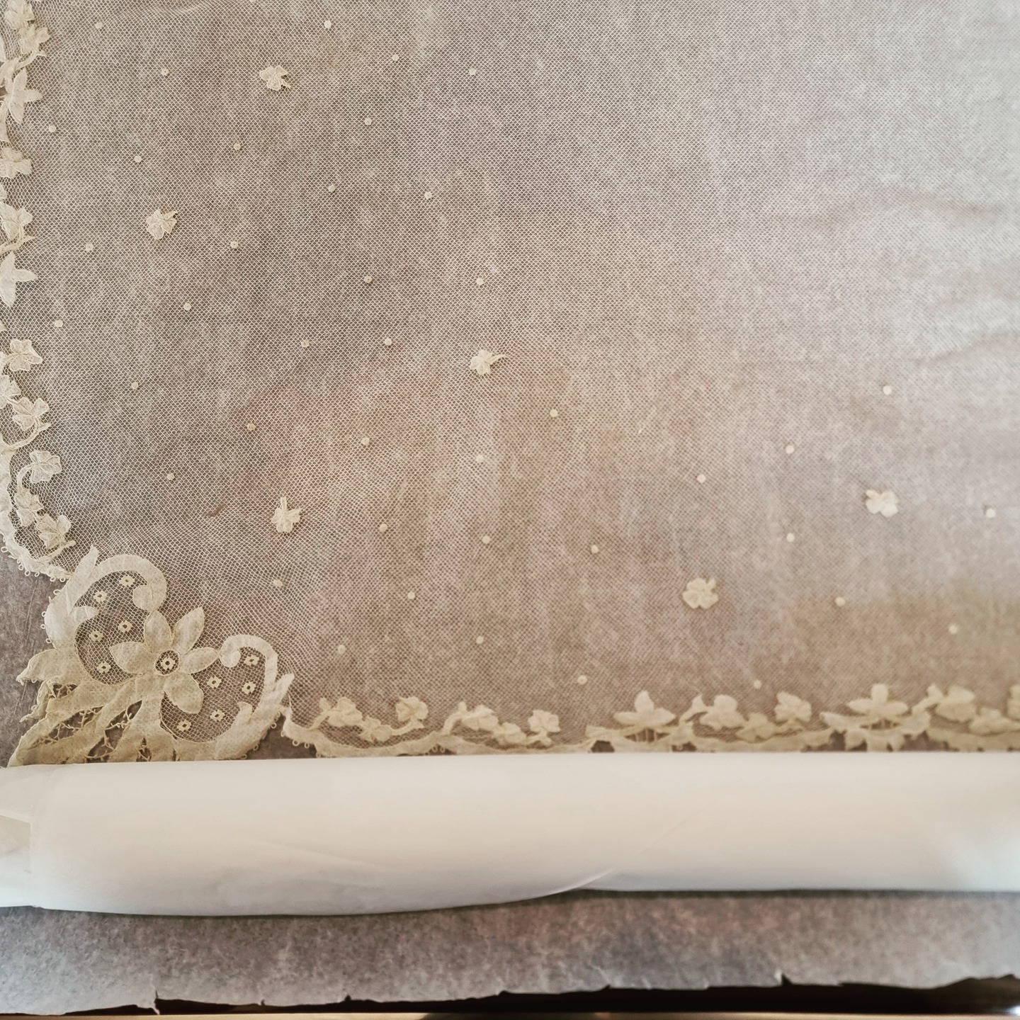 My grandmother's wedding veil, bought to me for cleaning and safe storage by one of my cousins who is now the custodian of this veil. It was made by my great-grandmother who was born at Paringa Hall in Brighton, South Australia.
The wedding took place at St Peters Church, Glenelg on 19th February 1927. It has been worn by many family brides since.
The veil remains in very good condition and has been washed and packed for safe storage until the next time.
#familytraditions
#textileconservation
#weddingveil
#familyheirloom
#livingtextilehistory