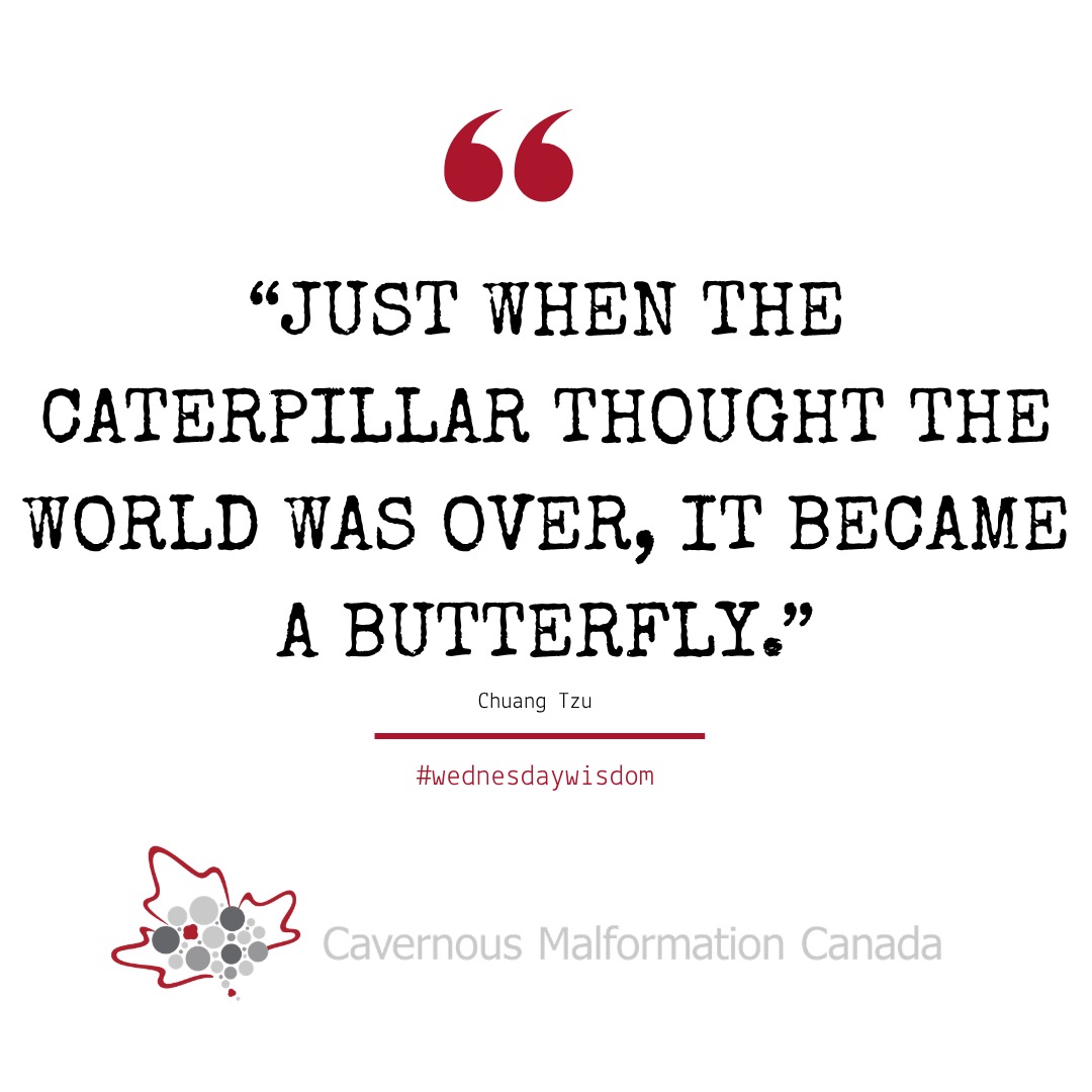 Today's #wednesdaywisdom
Alors que la chenille pensait que le monde était fini, elle se transforma en papillon. ~Chuang Tzu
#CavernousMalformation #cavernoma #hope #transformation #chuagtzu