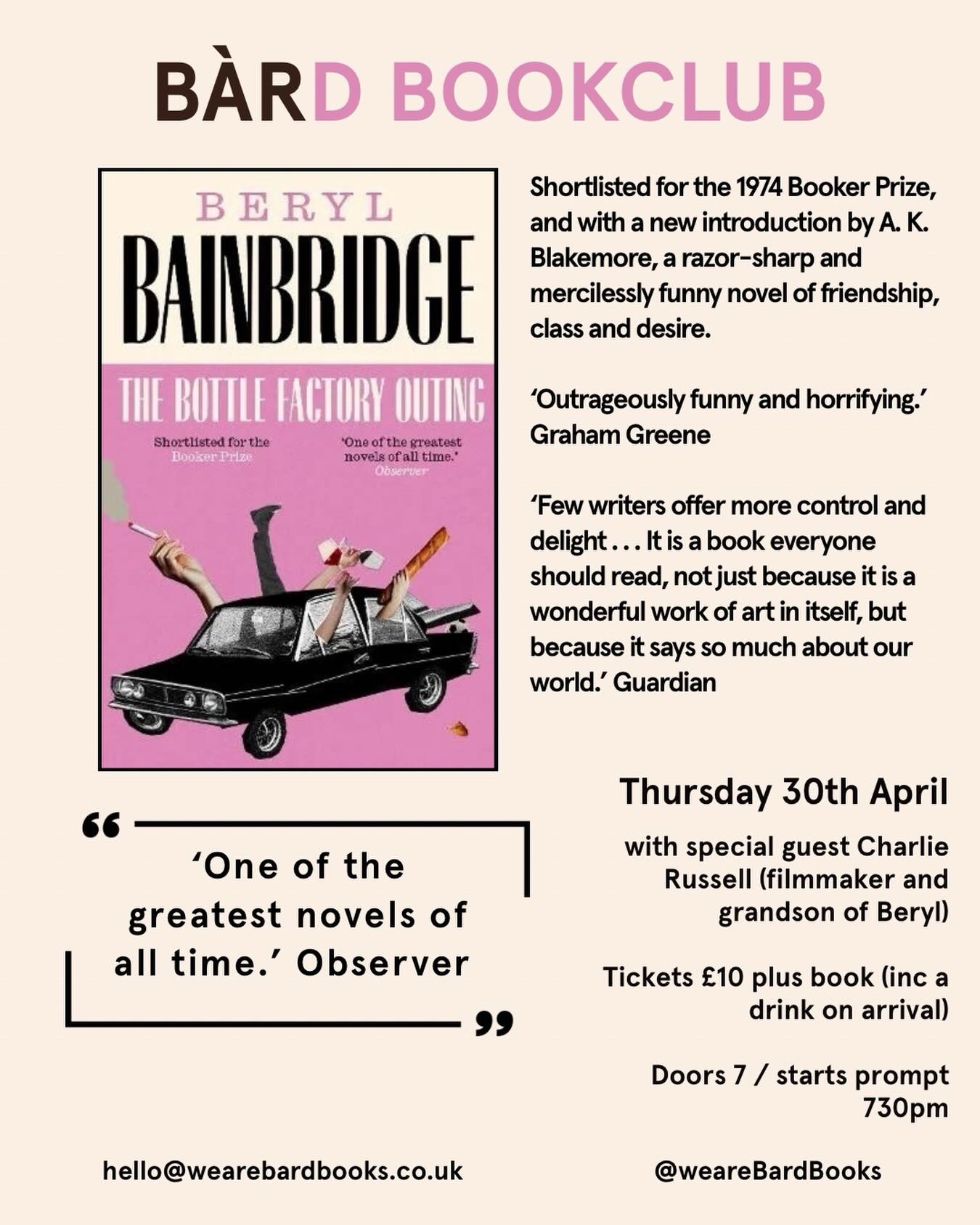 If you can guess the theme of the first of our spring focus tables from this book club clue then we’ll buy you a drink.
Love how we can go from @niamhsquared ‘s strikingly funny debut (published in paperback only a month ago) for March, to a novel originally shortlisted for the @thebookerprizes in 1974 for April.
We do so like to keep you on your toes.
Plus (!), we’re very excited to have Charlie Russell whose documentary ’Beryl’s Last Year’ portrayed the real Beryl in what she thought would be her last year.
Books and tickets, as always for book club, only available in person in the shop, so we can look you in the eyes and make you swear to read it in time.
I feel a nice Italian red wine will be on hand.🍷