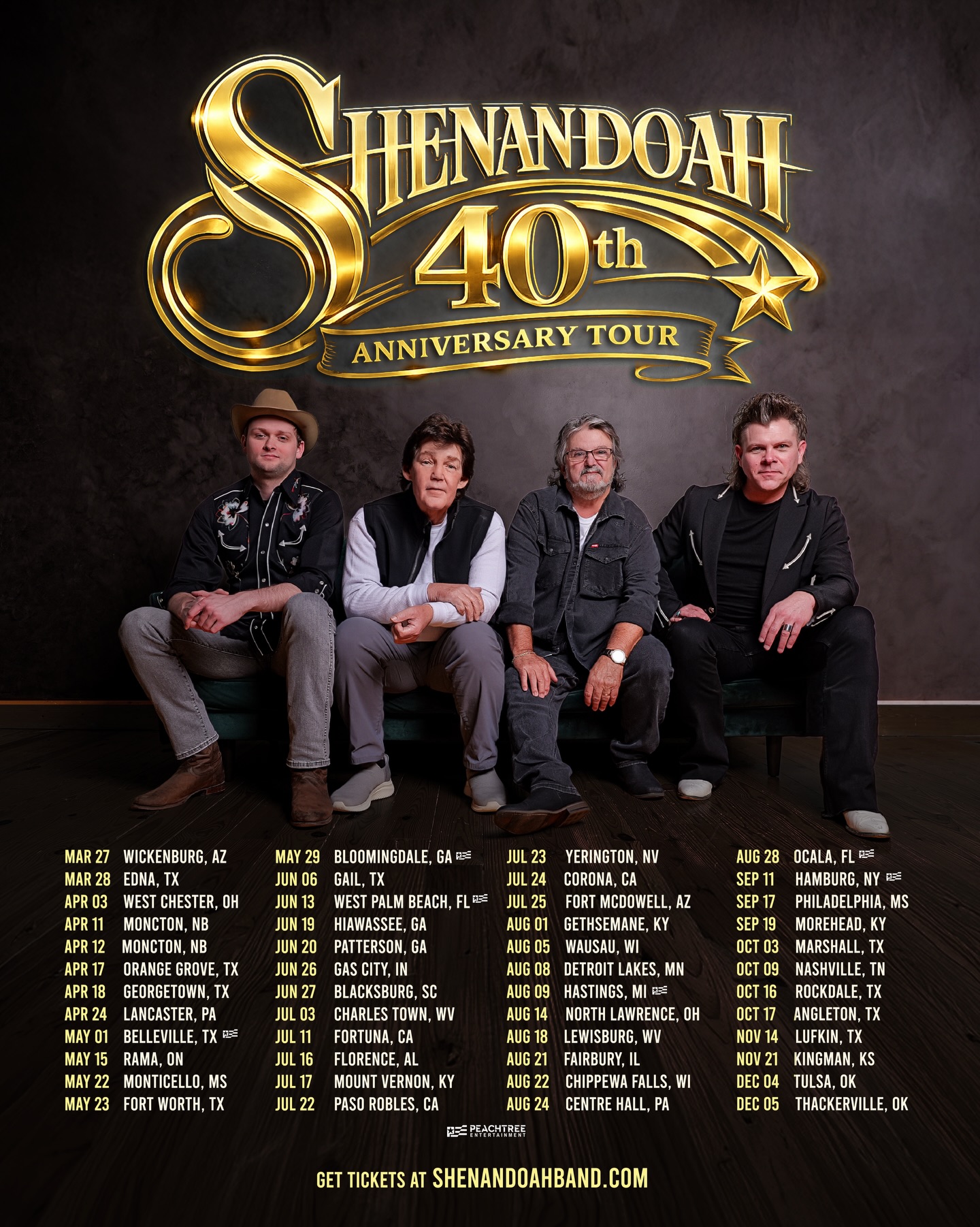 40 years ago, a band from Muscle Shoals started something special, and because of you, it’s still going. We’re celebrating 40 years of Shenandoah with a tour across the U.S. and Canada, and we want to see you there. On-sale dates and support vary by market. For tickets and updates, visit shenandoahband.com.