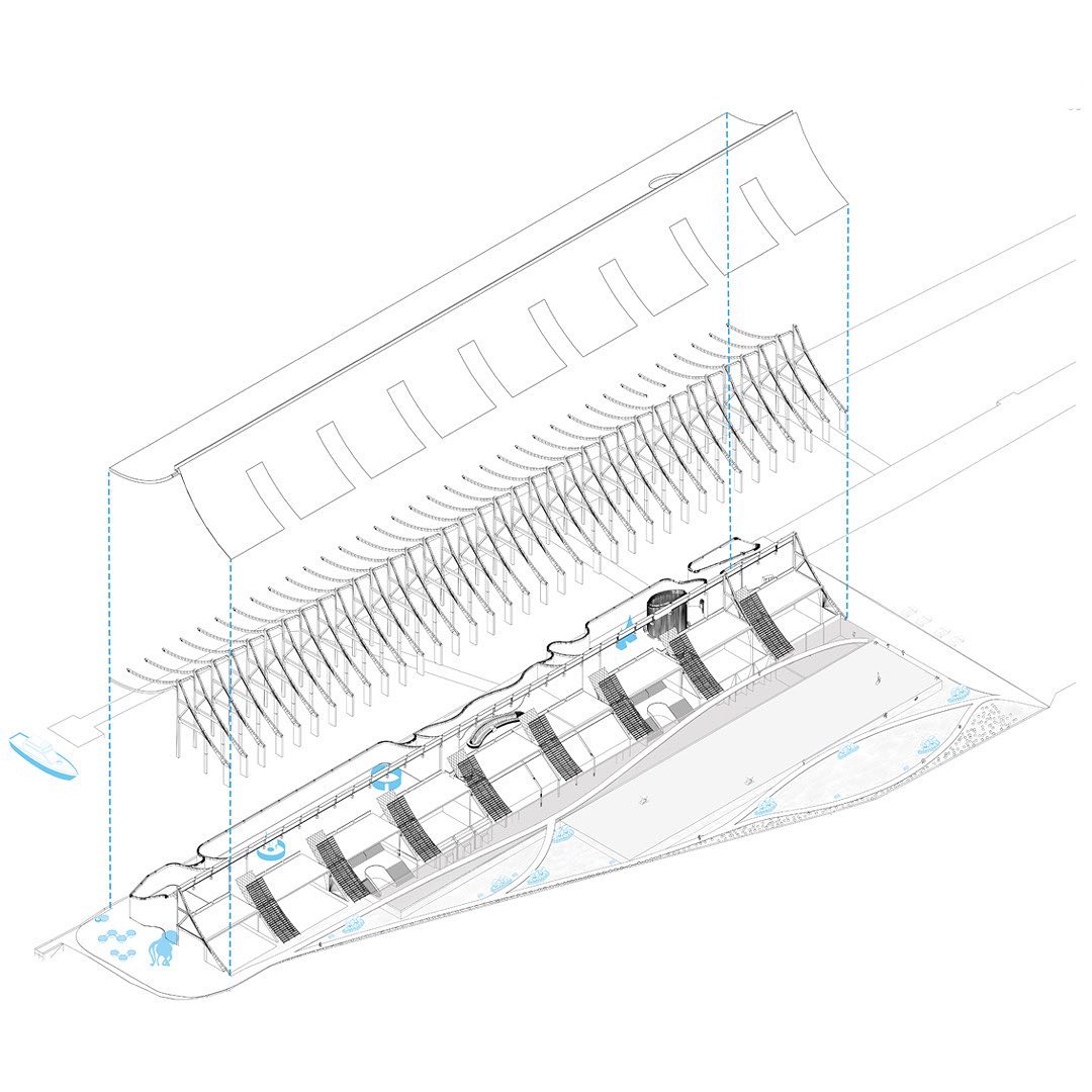 Project 4.
Musée Maritime du Havre
Our proposed maritime museum for Le Havre’s brise-vent captures the essence of both the site and the region‘s vernacular architecture while embracing sustainable and innovative energy solutions. Drawing inspiration from Normandy’s „longère,“ we integrate the iconic elongated form into the museum’s design, seamlessly blending it with the surrounding architectural heritage. The undulating façade mirrors the dynamic wave design of the brise-vent, reinforcing the connection between land and sea, and creating a harmonious dialogue with the existing landscape.
What sets our project apart is its forward-thinking sustainable energy concept. We utilize the natural forces of the site, harnessing the strong winds of the coast and the rhythmic tides of the harbour to generate renewable energy. This approach not only reduces the museum‘s carbon footprint but positions the building as a beacon of environmental responsibility. We further enhance this with „hedonistic sustainability,“ introducing a multi-functional pool that serves as a recreational hub for the community. In the warmer months, it can be used for windsurfing and swimming, while in winter, it transforms into an ice-skating rink, promoting year-round engagement and leisure.
In terms of landscape design, we propose an urban wildering strategy to the south of the site. This will create a naturalized, evolving landscape that encourages biodiversity while offering a tranquil contrast to the bustling urban environment. The combination of sustainable architecture, vernacular inspiration, and a commitment to public enjoyment ensures our project will not only complement but also elevate the harbor of Le Havre as a cultural and environmental landmark.
#architecturecompetition #architectural #architecturelovers #architecturedesign #concept #newarchitecture #bestnewarchitects #lehavre #transformation #reuse #architectasdeveloper #diagram #diagramarchitecture #storytellingcompetition #bigarchitects #new #lehavretourisme #terraviva #terravivacompetitions #sustainability #hedonisticsustainability #architexture #concepción #archidaily #archdesign #architect #architecture_hunter