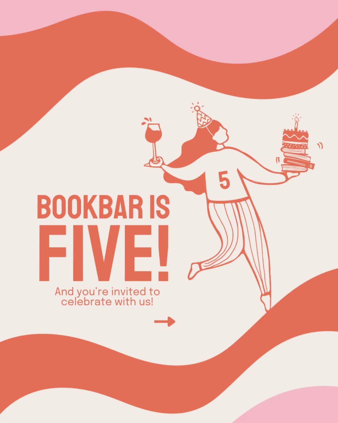 BookBar is turning FIVE on 12th April!!! And you're invited to celebrate with us! 🎂🎉🎈
From a Birthday Party with cake, fizz and 20% off books all night, to a four day festival across both our shops in June, we are celebrating with a bang and want our whole community to get involved.
🎂 Birthday Party - 11th April from 7-9pm at BookBar Islington - get a ticket and enjoy a glass of fizz and a slice of cake on us, plus 20% off books all night.
🎂 BookBar Turns Five Festival - 1st-4th June across BookBar Islington and Chelsea - four fabulous events across four evenings, featuring a stellar line up of our favourite authors including:
⭐ Lily King
⭐ Eleanor Catton
⭐ Sufiyaan Salam
⭐ Gurnaik Johal
⭐ Claire Daverley
Tickets go on sale to BookBar BookClub members TODAY! And to everyone else at 11am next Wednesday 8th April. Mark your diaries (or sign up to the BookBar BookClub for your early ticket access!)
🎂 Celebrating our Book of the Year picks throughout April - purchase one of our previous Book of the Year books in store and get a glass of bubbly for £7.
🎂 And more fun to be announced!
BookBar has always been about bringing people together through books so come and celebrate with us!