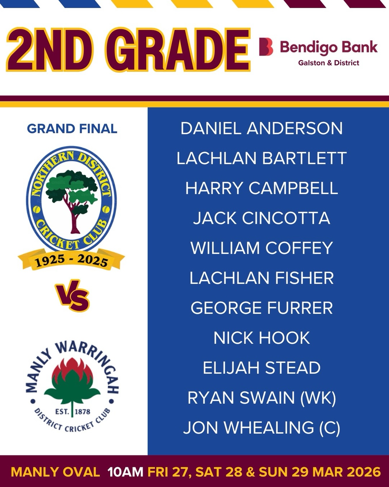 🌳 2nd Grade - Grand Final Team List 🌳
Proudly brought to you by Bendigo Bank – Galston & District