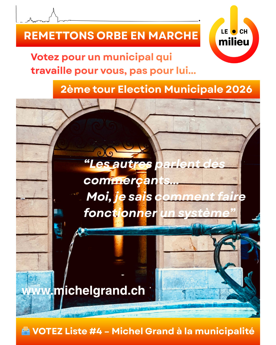 À Orbe, c’est simple :
👉 On signe contre les commerçants
👉 Puis on dit qu’on veut les aider
👉 On parle de dynamiser la ville
👉 Mais rien ne change vraiment
À un moment, il faut être cohérent.
Une ville ne se gère pas avec des contradictions.
Elle se gère avec une vision et des décisions.
Assez des discours.
Place à l’action.
🗳️ VOTEZ Michel Grand à la Municipalité d’Orbe le 29 mars 2026.
Je ne me présente pas pour défendre un appareil, mais pour défendre Orbe. Mon engagement est clair : travailler avec toutes les forces politiques quand c’est utile à la ville, refuser les postures et privilégier les résultats.
#michelgrand #orbe #orbe2026 #MunicipalitéOrbe #ElectionsCommunales #PolitiqueLocale #OrbeEnMarche #Changement #Engagement #Leadership #entrepreneuriat #expérience #citoyensengagés #avenirorbe #remettonsorbeenmarche