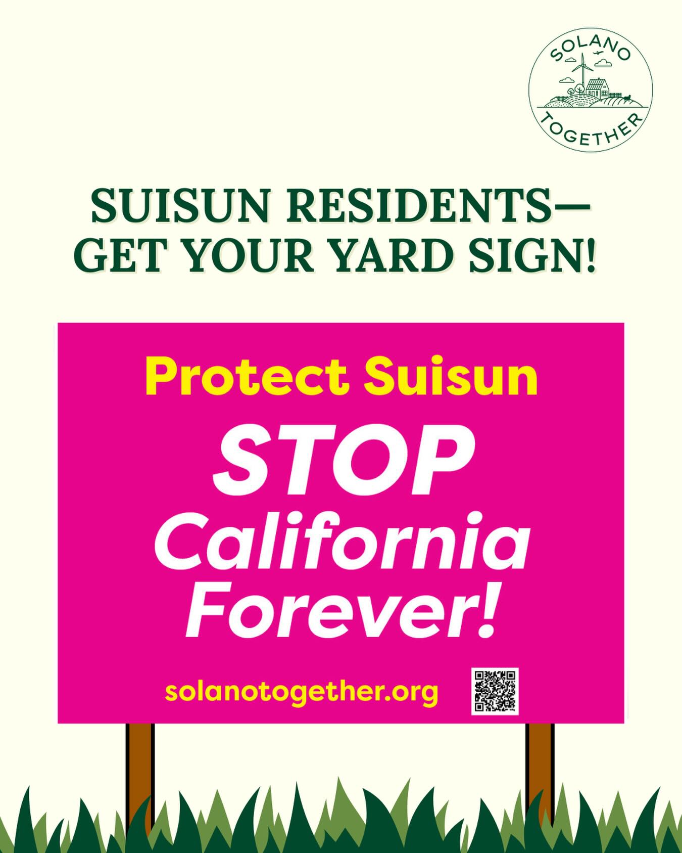 Calling all Suisun residents-there’s still time to get a yard sign! 📣
A big thanks to everyone who’s already filled out the form on our website to help finalize the message. This was a community effort 🧡
If you didn’t get a chance to fill out the form to secure a yard sign, you can find it under the “Get Involved” tab or at the link in our bio!
Help us protect Suisun-show your opposition against California Forever’s expansion project!