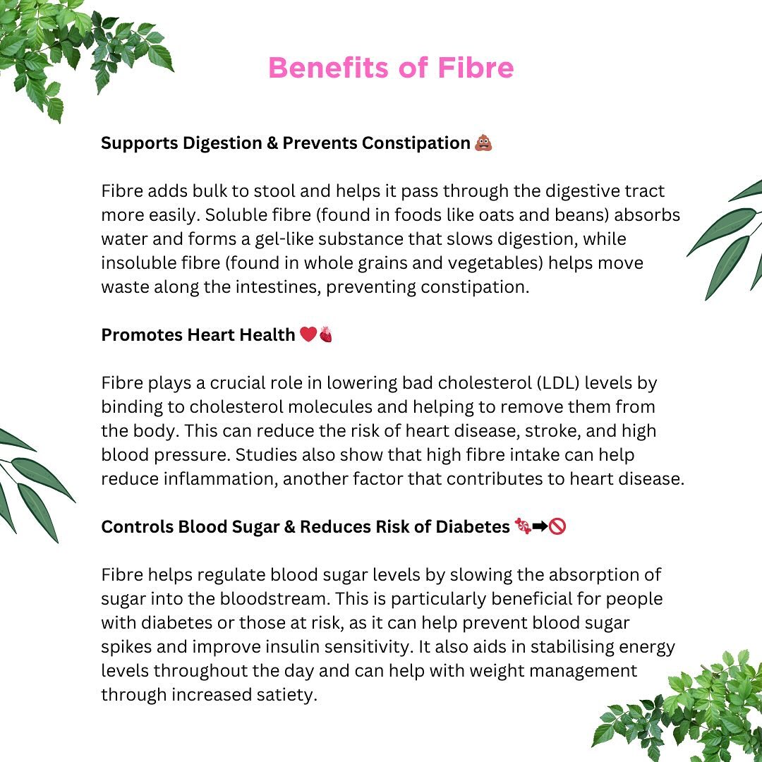 🌿 Let’s talk Dietary Fibre 🌱
Fibre is found in plant-based foods which our bodies can’t actually digest and it is an element that can be easily overlooked when it comes to our food intake and health, but it does wonders for our digestive system, heart health and more!
Swipe ➡️ to find out the many benefits to including more fibre into your day and some food sources to help get you started.
👉🏻 Tip: start adding fibre to your meals slowly over time and drink plenty of water to avoid bloating!
- CK 🍏💪🏻
#foodasmedicine #guthealthmatters #fibrefoods #nutritiontips #eatwellfeelwell #healthystartsfromtheinside #healthiswealth