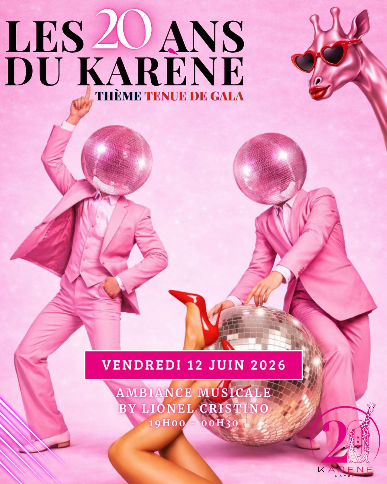 🩷✨ LA SOIRÉE DES 20 ANS ✨🩷
Venez passer une soirée d’été exceptionnelle dans le jardin du Karène 🥂
🎩 💃Thème : 𝐒𝐨𝐢𝐫𝐞́𝐞 𝐝𝐞 𝐆𝐚𝐥𝐚
Faites-nous rêver en dévoilant vos plus belles tenues ✨
🎶 Ambiance musicale avec Lionel Cristino
🗓️ Vendredi 12 juin 2026
🕙 19h-00h30
🎟️ 10€ l’entrée
🛎️ Uniquement sur réservation
💻 Billetterie en ligne ouverte
Lien en BIO
20 Ans, ça se fête 🥳