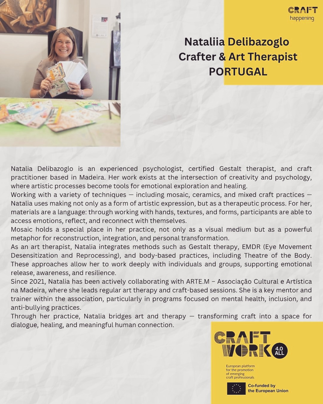 Tandem of Masters: Mosaic Dialogues — Part II
Meet Nataly @natalysecretplace — a crafter, psychologist, and craft therapist based in Madeira.
For her, craft is never just about making objects.
It is a language.
A way to express what is hard to say.
A way to support, to connect, to gently guide others through their inner landscapes.
Through mosaic, she works with fragments — just like in life.
Piece by piece, creating meaning, restoring balance, finding beauty in what was once broken.
And tomorrow, we begin.
The first day of Madeira Viva: Sustainable Mosaic LAB — a craft happening where creativity meets sustainability, community, and care.
Part of the @craftwork4all project, co-funded by Creative Europe.
Let’s see what we build together.....#artemassociation#craftwork4all #creativeeurope #craftteraphy