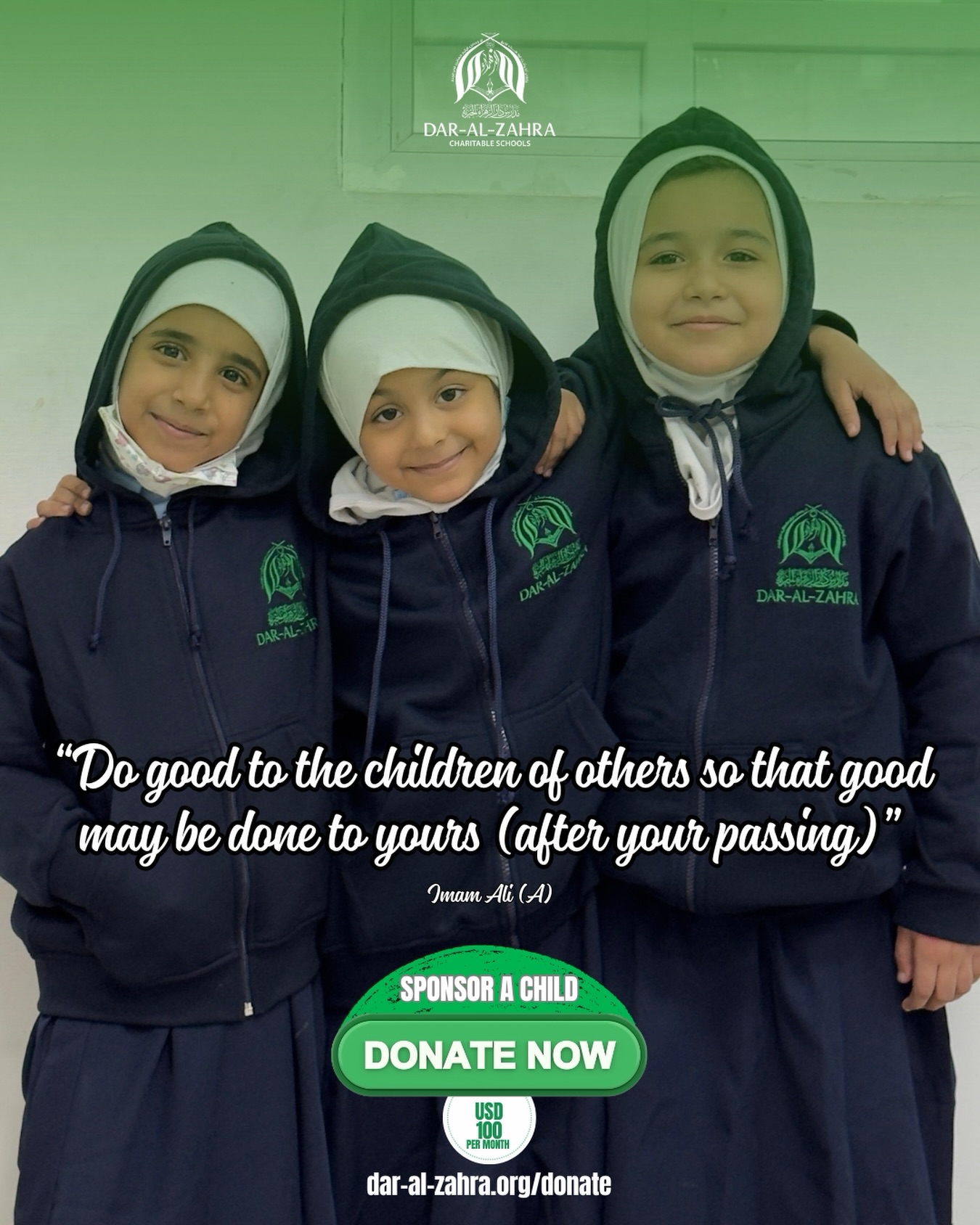 Give more than charity—give a future.
Sponsor an orphan today and earn a legacy of reward.
$100 a month can change a life forever.
Step forward. Sponsor an orphan today.
Follow to donate: www.dar-al-zahra.org/donate