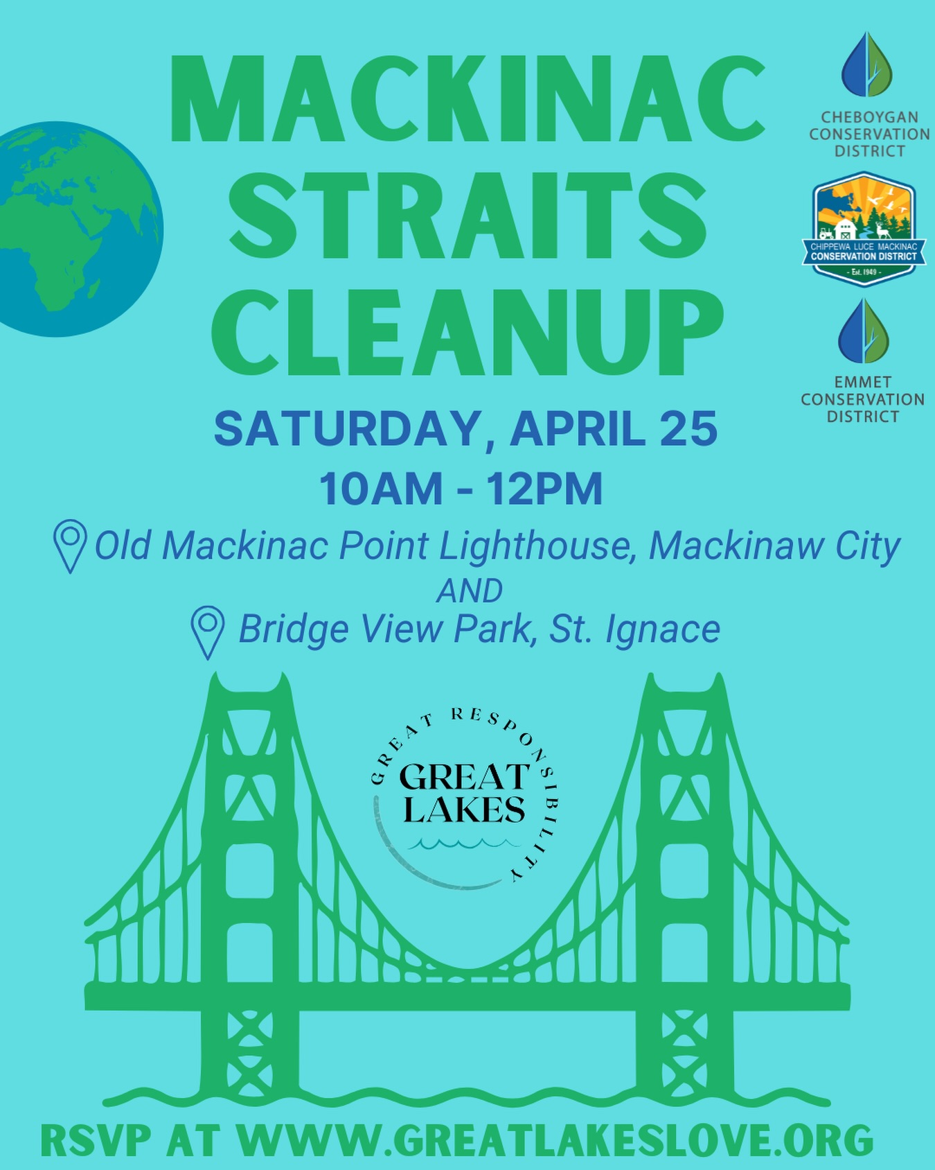 An iconic Great Lakes location deserves a GREAT cleanup. 🌉
We need all hands on deck for this Earth Week event cleaning up 2✌🏻locations (you choose!) in Mackinaw City and St. Ignace along the Straits of Mackinac.
🧤 All supplies are provided
🪣 Dress for the weather
📊 We will collect data to help stop marine debris at its source(s)
💚 RSVP so we know to expect you (and bring a friend!)
We are grateful to @athleticbrewing 🍺 , who is sponsoring this event. Good water = good NA beer. Thank you! 🙏🏻