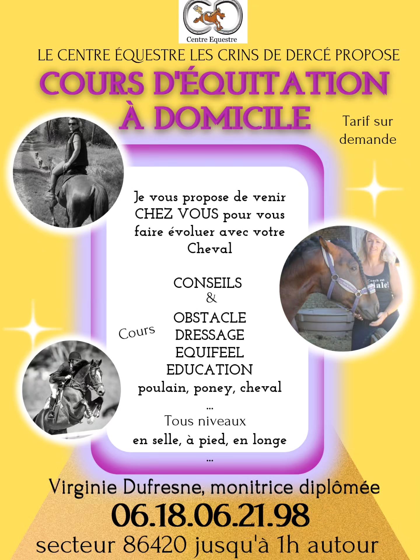 Les beaux jours arrivent..
Vous n'avez pas de transport pour venir jusqu'à nous...
Je me déplace chez vous...
Pour tous niveaux
En solo ou plusieurs
Toutes disciplines.. Même travail à pied...
Contactez moi .. Messenger ou WhatsApp
Ou directement par tél
❤️ "On attendait le printemps avec impatience" ❤️