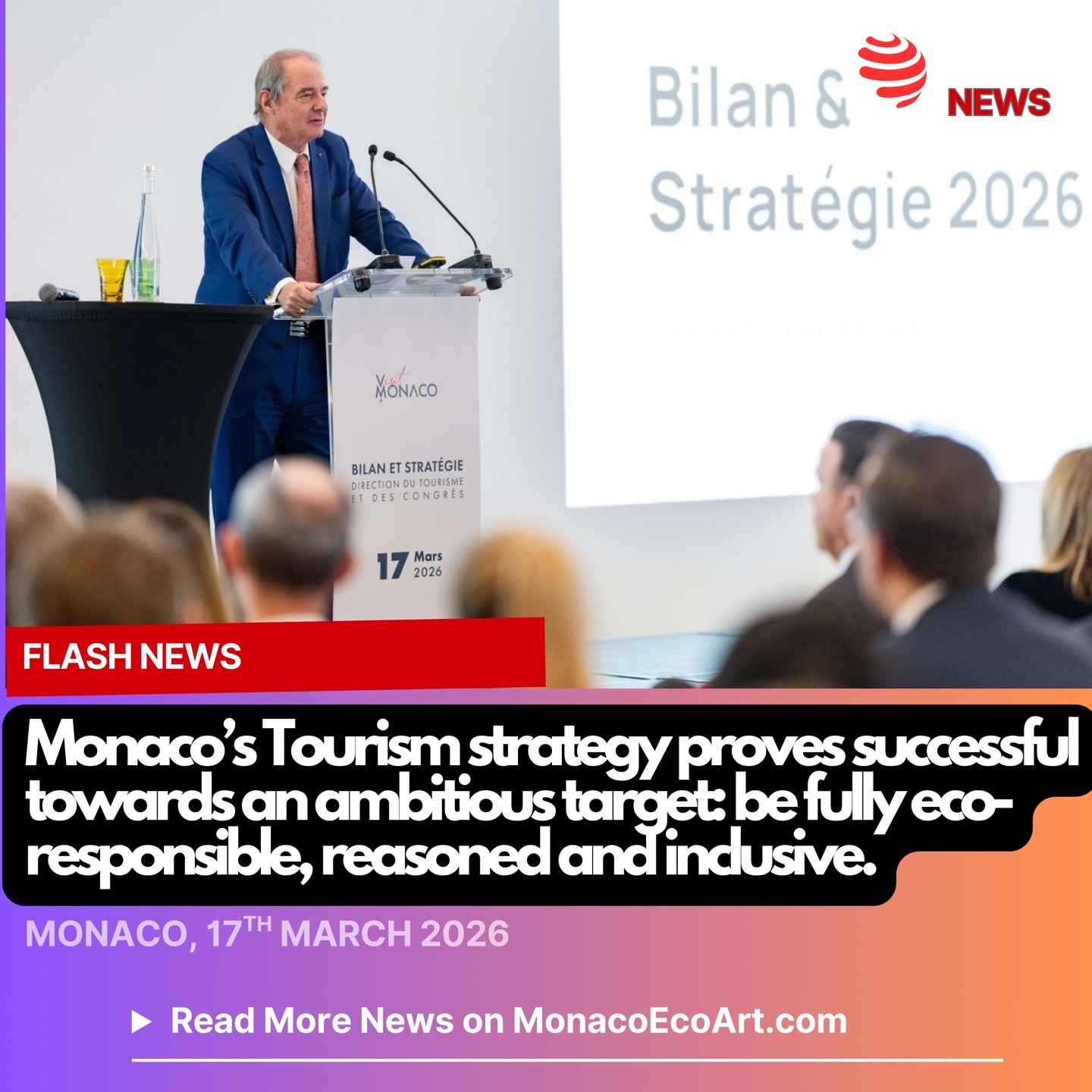 @mo.eco_art MonacoEcoArt.com #flash #news #tourism #responbility #attractiveness #monaco #montecarlo 🇲🇨🏰🧭 Sustainable tourism focuses on traveling with purpose, protecting environments, and supporting #communities: on the 17th March 2026, the Tourism and Congress Department (D.T.C.) of Monaco presented at the Monte-Carlo Bay Resort & Spa the 2025 report and the 2026 outlook for Monaco’s tourism sector, in the presence of Pierre-André Chiappori, Government Advisor – Minister of Finance and the Economy, representatives of the National Council, the Mairie de Monaco and the Economic, Social and Environmental Council 🗣️🎯 Pierre-André Chiappori confirmed the clearly growing trend of Monaco’s tourism appeal, driven by the quality of its services and infrastructure, helping to reinfornce international reputation “as a modern, sustainable and inspiring destination” 🔸 Guy Antognelli highilighted how Monaco’s strategy fits well to meet latest customers’ expectations of leisure and business combined with responsible tourism and the win-win triple crown: security, stability and excellence 🔙2010: a new unit dedicated to responsible tourism was launched with the main mission of highlighting #sustainable actions of actors; 2022: the body was renamed Social and Environmental Responsibility Unit in order to expand its scope of action; Since 2023, the web site visitmonaco.com has been allowing visitors to measure the footprint of their stay a carbon calculator; 2022: the DTC signed the Glasgow Declaration (COP26), which commits its signatories to align tourism with the objectives of the Paris Agreement; June the 7th, 2025: Monaco signed with France the Mediterranean Sustainable Cruise Charter; thus, since 2026 strict rules have been imposed to companies in terms of: waste management, reduction of noise and light pollution, ban on untreated discharges in sensitive areas; 2030 Target: a "responsible, reasoned and inclusive" tourism 🔝📊 Occupancy rate (+3%), average price per room (+6%) and revenue per available room (+11%); the share of business is increasing overall (+3%) 📸 © @gvt_monaco @visit.monaco - Layout and Contents by: © MonacoEcoArt