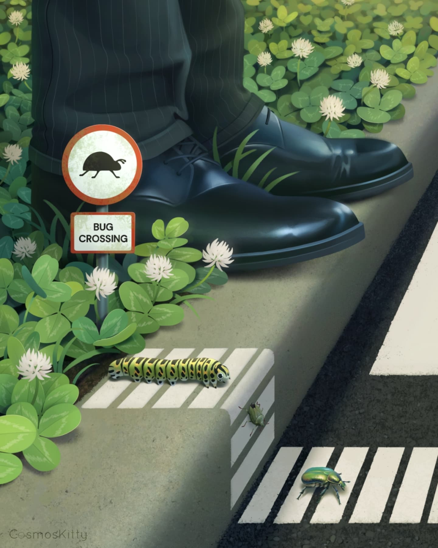 Bug Crossing - swipe to the end to see a time-lapse video 🐛
I got the idea for this piece on a sunny day a while ago after seeing a beetle in the park struggle to get across the hot tarmac path, just a silly visual to explore the question of how much we should be mindful of the wildlife we share a habitat with - they live here too!
P.s. If anyone can accurately guess all of the exact insects in this image I'll be very impressed 😌
-
#digitalpainting #procreate #illustration #illustrationartists #irishartist #artistsofinstagram