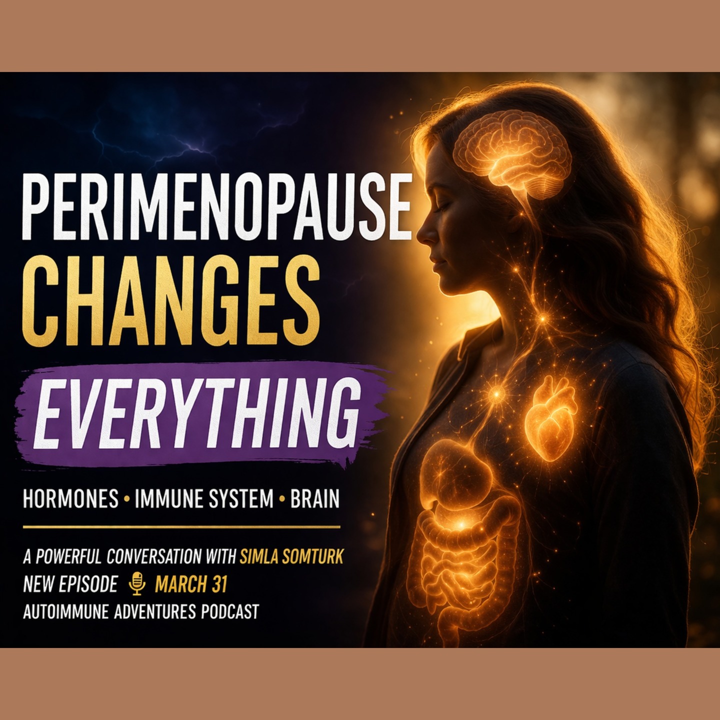 Perimenopause is not one-size-fits-all.
And it’s not happening in isolation.
In this powerful conversation with Simla Somturk, we unpack something more women need to understand:
Hormones don’t just affect your cycle.
They affect everything.
From your immune system…
to your gut…
to your brain…
to your energy, sleep, and mood.
And during perimenopause, when estrogen, progesterone, and testosterone begin to shift, it can create a perfect storm—especially for women navigating autoimmune disease or chronic illness.
Some symptoms overlap.
Some compound.
And some get missed entirely.
This episode is about understanding what’s happening in your body—so you can respond with clarity instead of confusion.
🎙️ New episode drops March 31 on Autoimmune Adventures
A powerful conversation on navigating perimenopause, autoimmune disease, and chronic illness.
#Perimenopause #AutoimmuneDisease #HormoneHealth #ChronicIllness #WomensHealth #InvisibleIllness #HormoneBalance #AutoimmuneSupport #FunctionalHealth #AutoimmuneAdventures #ChronicIllnessPodcast