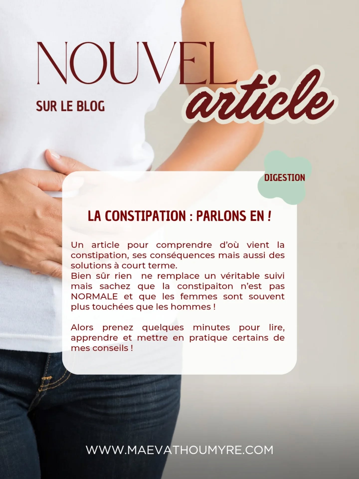 Cela faisait longtemps mais il était temps de rouvrir le blog ☺️.
Je préfère largement le format blog où je peux vous mettre des informations précises. Prenez le temps de lire et revenons à un vrai savoir et non à de la consommation de données qui seront oubliées en deux secondes pour passer au post d'après.
Dans cet article, je vous parle d'un sujet de société, la constipation !
➡️ Rdv sur mon blog pour lire l'article, lien dans la bio.
✨ Je suis Maëva, Naturopathe et spécialisée dans les troubles digestifs et hormonaux et je t'aide à devenir acteur/actrice de ta santé ✨
#constipationchronique #troublesdigestifs #maladiedecivilisation