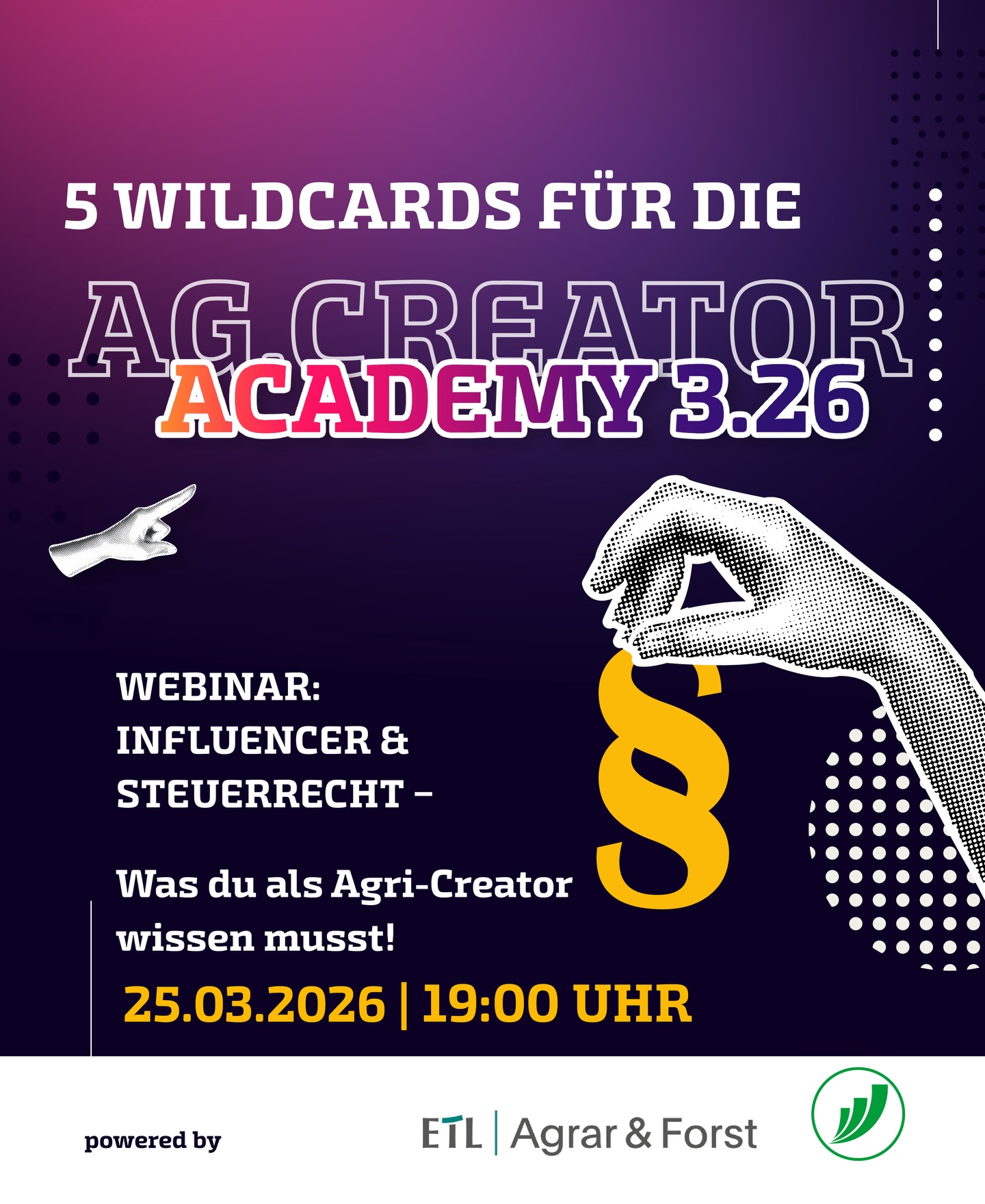 Wir vergeben noch exklusiv 5 Wildcards für unser Online-Seminar zum Thema Influencer & Steuerrecht! 🎟️
Kommentiert jetzt und sichert euch die Chance auf einen Platz!
Freut euch auf spannenden Input von zwei Steuerexperten:
Arne Ropers (ETL Agrar & Forst) & Jannik Wiese (ETL Commercial Treuhand GmbH)
Im Fokus:
• Einkommensarten & Besteuerung
• Produkttests & Gegenleistungen
• Steuerfragen rund um Influencer & Medienarbeit
• Praxis-Tipps speziell für Agri-Influencer
📅 25.03.2026
🕖 19:00 Uhr
Wir freuen uns auf euch!