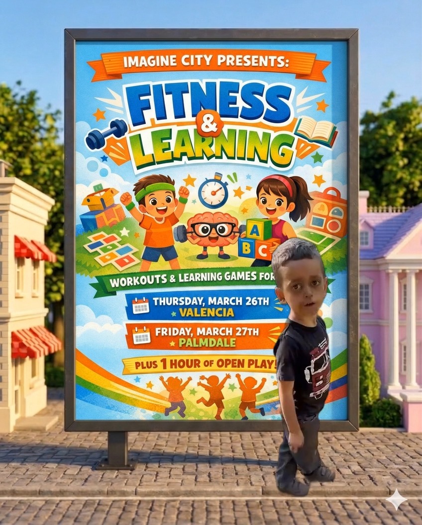 ๐ฅ FITNESS & LEARNING FUN AT IMAGINE CITY! ๐ง ๐ช
Get your kids moving, thinking, and having a blast!
Join us for our Fitness & Learning Event where kids will enjoy:
โจ Fun workout exercises
โจ Interactive learning games
โจ ๐ 1 FULL HOUR of Open Play INCLUDED!
๐ Valencia Location
๐ Thursday, March 26
๐ Palmdale Location
๐ Friday, March 27
This is the perfect mix of energy, education, and fun for your little ones!
๐จ Spots are limited โ donโt wait!
#ImagineCity #KidsActivities #ValenciaCA #PalmdaleCA #KidsFitness #LearningThroughPlay #IndoorPlay #FamilyFun #ThingsToDoWithKids #SantaClarita #AntelopeValley #KidsEvents #ActiveKids #PlayAndLearn #MomLife