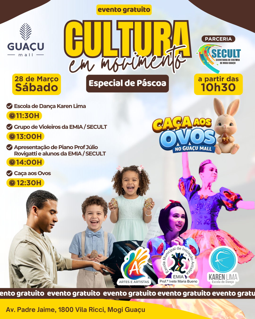 🐰✨ Cultura, diversão e magia de Páscoa te esperam!
Um evento gratuito cheio de música, dança e a divertida caça aos ovos no Guaçu Mall.
📅 28 de março | ⏰ A partir das 10h30
👉 Traga a família e venha viver esse momento especial!
@azulviagensmogiguacu
@mandore.bolsas
@sossuplementosfitness
@skyfitguacumall
@maravilhasdolarmogiguacu
@sakacelulares
@massasdaceciliaoficial
@fabrispumaoficial
@carnesmantiqueiramogi
@mavenbarberco
@eletrica_area
@dubelatomogiguacu
@rest.carnesmantiqueiramogi
@marcenaria.loft
@graoebrasaguacu
🚩Av Padre Jaime, 1.800 - Vila Ricci, Mogi Guaçu - SP
#compras #mogiguaçu #comprasmogiguaçu #comprasmogimirim
MRC BRASIL MARKETING