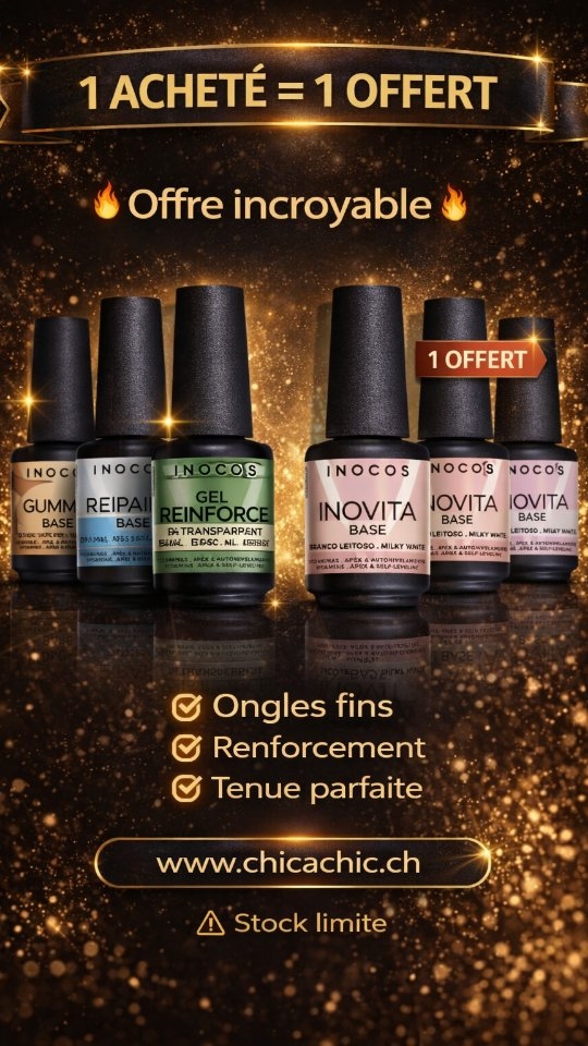 “🔥 1 acheté = 1 offert 🔥”
✨ Offre exclusive ✨
Des bases conçues pour :
✔️ Renforcer
✔️ Sublimer
✔️ Assurer une tenue parfaite
Résultat professionnel garanti ✨
🛒 Disponible maintenant :
👉 www.chicachic.ch�
⚠️ Quantités limitées
#onglerie #prothesisteongulaire #nailsuisse #onglessuisse
#vernissemi inocos nailtech manucure
onglesparfaits naildesign beautesuisse
institutbeaute beautybusiness promo
offre promotion bonsplansuisse
gelnails nailpro nailartist