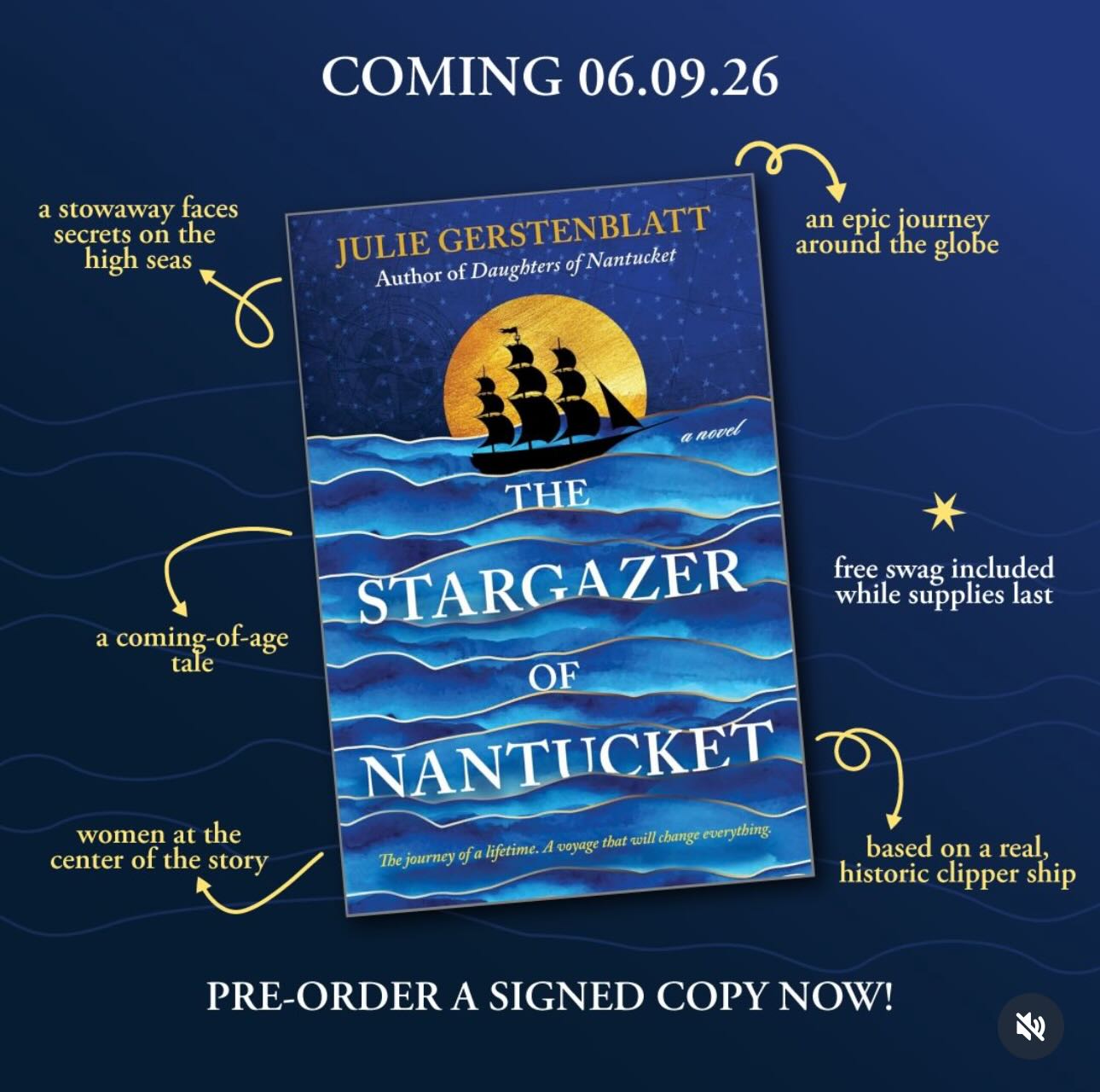 Pre-order an Autographed Paperback of @juliegerstenblatt’s “The Stargazer of Nantucket.” Each book will come with a special bookmark and sticker you can’t get anywhere else. This book will ship near its publication date of June 9, 2026. Click link in bio to order yours or visit nantucketbookpartners.com.
“Filled with tension, excitement, and brilliant plot twists, the story moves at a breakneck pace against the backdrop of Gerstenblatt’s meticulous research. Luminous.”
—Fiona Davis, New York Times bestselling author of The Stolen Queen
From award-winning author Julie Gerstenblatt, an epic tale of adventure on the high seas, a spunky stowaway, and a family confronting the past to secure their future.
Massachusetts, 1851
Winifred Starbuck wants only one thing: to join her parents on their final merchant voyage—from Nantucket Island to bustling San Francisco, then across the glittering Pacific to the distant ports of China. Yet renowned trade captains Nell and Peter Starbuck have forbidden their daughter from coming aboard on the adventure of a lifetime. So Winnie does what any strong-willed eighteen-year-old would do: she stows away.
Once the ship sets sail, Winnie is plunged into turbulent waters, treachery, and the thrill of life on the high seas. As she drifts farther from shore, and closer to fabled Canton port, she uncovers a long-buried secret—one that reveals the truth behind her parents’ desperate fear. And as she continues to chart her own course, she’ll have to plumb the depths of her courage to take on a world far bigger—and more dangerous—than she ever imagined.