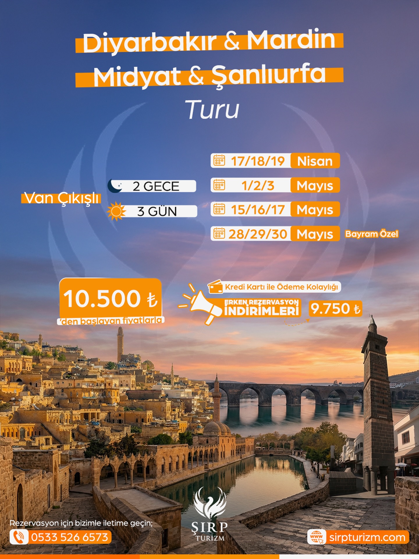 ✨ Tarihin, kültürün ve lezzetin iç içe geçtiği bir yolculuğa çıkmaya hazır olun!
🌅🍽️ Mezopotamya’nın mistik atmosferinde, her adımda başka bir hikâye keşfedeceğiniz eşsiz bir deneyim sizi bekliyor…
💙 ŞİRP TURİZM İLE
2 GECE 3 GÜN GÜNEYDOĞU TURU
⸻
🚌 VAN ÇIKIŞLI
⸻
📅 TUR TARİHLERİ
🗓️ 17/18/19 Nisan
🗓️ 1/2/3 Mayıs ( Resmi Tatil)
🗓️ 15/16/17 Mayıs
🗓️28/29/30 Mayıs ( Bayrama Özel)
⸻
🗺️ GEZİLECEK YERLER
📍 HALFETİ & ŞANLIURFA
🚤 Halfeti Tekne Turu
🏰 Rumkale
🏚️ Savaşan Köyü
🕌 Batık Minare
🌉 Halfeti Ahşap Köprü
🌾 Harran Ovası
🐟 Balıklıgöl
🏛️ Urfa Kalesi
🛍️ Gümrük Han
📍 DİYARBAKIR
🕌 Ulu Camii
🏛️ Hasan Paşa Hanı
🗼 Dört Ayaklı Minare
🏰 Diyarbakır Surları
🌉 On Gözlü Köprü
📍 MARDİN
🏛️ Kasımiye Medresesi
🏘️ Eski Mardin Sokakları
⛪ Ermeni & Süryani Kiliseleri
🏠 Mardin Taş Evleri
🌇 Abbaralar
📍 MİDYAT
🏠 Sıla Konağı
🏛️ Midyat Taş Evleri
✨ Telkari Gümüşçüler Çarşısı
⸻
✅ FİYATA DAHİL OLAN HİZMETLER
🚌 Turizm paket araçlarla konforlu ulaşım
🏨 2 gece 5 yıldızlı otel konaklama
🧑🏫Profesyonel rehberlik & refakat hizmeti
🥐 3 sabah kahvaltısı
🛡️ Seyahat sigortası
🍪 Araç içi ikramlar
💛Şirp Turizm güvencesi ile ayrıcalıklı organizasyon
⸻
❌ FİYATA DAHİL OLMAYANLAR
🎟️ Müze & ören yeri giriş ücretleri
🍽️ Öğle & akşam yemekleri
🚤 Halfeti tekne turu
🛍️ Kişisel harcamalar
⸻
ℹ️ BİLMENİZİ İSTERİZ
💺Tur planlamamızı daha konforlu hale getirmek için oturma düzenini kayıt sırasına göre oluşturuyoruz.
🚌 Tüm ulaşım sürecinde sizleri özel paket tur araçlarımızla ağırlıyoruz.
📝 Katılım için Ad Soyad, TC Kimlik No, Doğum Tarihi ve iletişim numaranızı iletmeniz yeterlidir.
⚠️Misafir tarafından yapılan iptallerde ön ödeme iade edilmez; acente iptali durumunda ücret iadesi sağlanır.
⸻
💳 TUR FİYATI
🚨 Erken Rezervasyon İle Sadece: 9.750₺ !!
•Ön Ödeme: 2.500₺
👶 3 – 5 Yaş: 6.750₺
🧒 6 – 11 Yaş: 8.500₺
(İndirimler iki yetişkin yanında geçerlidir)
👥Gruplara özel indirimler mevcuttur.
📌Erken rezervasyon fırsatlarını kaçırmayın!
📍 Şirp Turizm'de her adımda ayrıcalık ve özen sizinle…
⸻
📲 DETAYLI BİLGİ & REZERVASYON
📞 0533 526 65 73
📞 0505 110 41 65
🌐 www.sırpturizm.com
#sirpturizmlekesfet #şirpturizm #sirpturizm #guneydogu #van