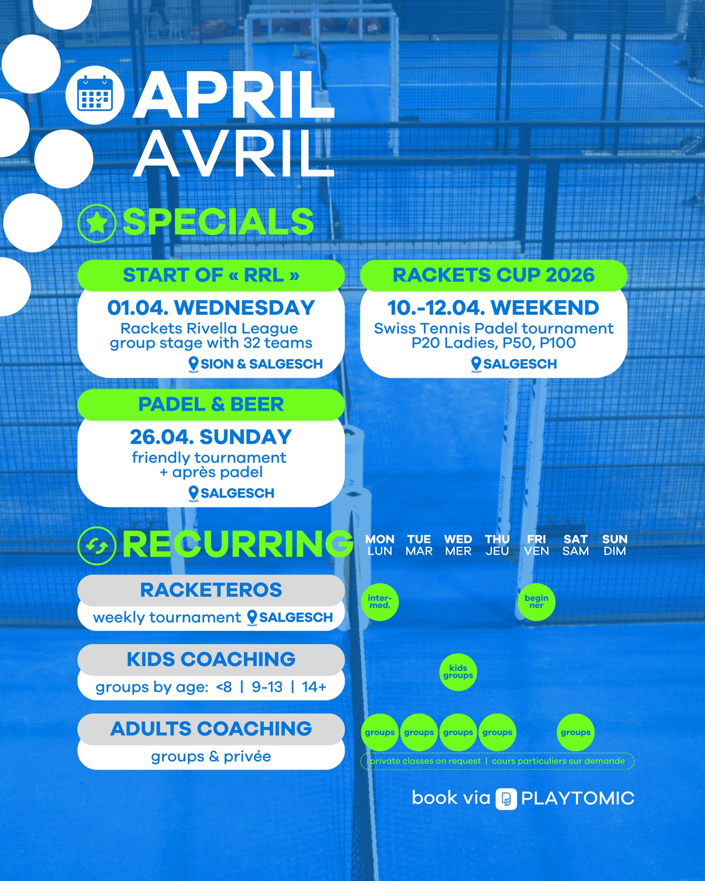 April has arrived! 🗓️ See what’s happening this month at Rackets Academy.
Book via 📲 Playtomic
🎾🎾🎾
Le mois d’avril est arrivé ! 🗓️ Découvrez le programme de ce mois-ci à la Rackets Academy.
Réservez via 📲 Playtomic
#april #padel #padelswitzerland #valais