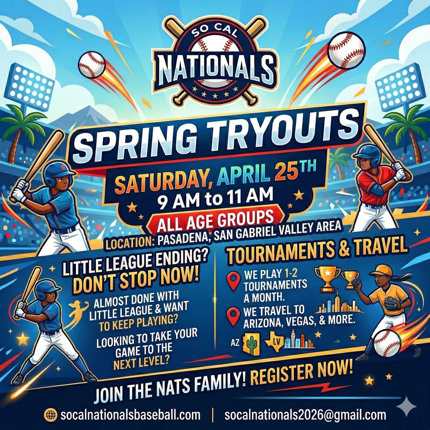 THE WAIT IS OVER. 😤
It’s time to separate the players from the prospects.
We are hunting for the next generation of Nationals. If you have the grit, the passion, and the hunger to dominate on a national stage, we want you on the dirt. ⚾️🔥
Little League might be ending, but your legacy is just beginning. Stop playing the game, and start LIVING it. Vegas, Arizona, championships—the roadmap to glory starts here.
THE DETAILS:
🗓 SATURDAY, APRIL 25TH
⏰ 9:00 AM - 11:00 AM
📍 PASADENA, SAN GABRIEL VALLEY AREA
👥 ALL AGE GROUPS
This isn't just a tryout. It’s your invitation to join the FAMILY. Don’t watch from the sidelines—BECOME the storyline.
LINK IN BIO TO REGISTER. Secure your spot. The future is waiting. 🦅🏆
#SoCalNationals #NextLevel #BaseballTryouts #PasadenaBaseball #SanGabrielValley #TravelBaseball #RoadToGlory #NatsNation #DontStopNow #BaseballLife #GritAndGlory