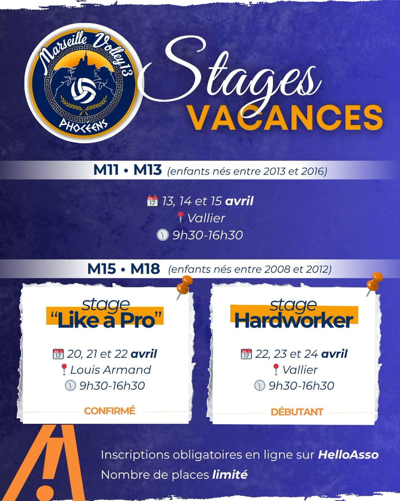 💙STAGES VACANCES D’AVRIL MARSEILLE VOLLEY 13💙
Progressez sur le terrain ce printemps !🏐 Nos stages de Pâques sont ouverts à tous les niveaux. Découverte ou perfectionnement, on vous attend ! 🚀
⚠️ INFOS PRATIQUES :
📍 Inscriptions obligatoires en ligne via HelloAsso.
🛑 Places limitées ! Ne tardez pas à réserver pour garantir votre participation.
Rejoins la team et viens passer des vacances sportives avec nous ! 💪🔥
#MarseilleVolley13 #VolleyBall #StageSportif #MarseilleSport #VacancesAvril