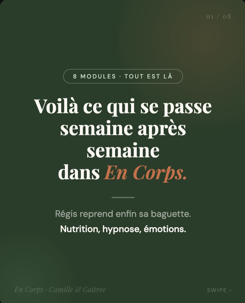 Tu ne manges pas de la nourriture.
Tu manges les phrases entendues à table quand tu avais 8 ans.
Finis ton assiette. Tu vas grossir.
T’as pas besoin de ça. Ces phrases, tu les as absorbées comme des vérités absolues.
Parce qu’avant 12 ans, ton cerveau n’avait pas encore la capacité de les filtrer. Elles ont été encodées comme des règles de survie.
Et aujourd’hui elles tournent en arrière-plan, sans que tu t’en rendes compte, et elles décident ce que tu manges ce soir.
Dans ce carrousel je t’explique comment ces programmes se sont créés, lesquels sont les plus courants, et comment la sophro-analyse permet de les identifier et de les libérer. Sans régime. Sans volonté. Depuis la racine.
Sauvegarde ce post. Et partage-le à une femme qui se bat encore contre elle-même.
👇 Est-ce qu’une phrase de ton enfance sur ton corps ou la nourriture te revient là maintenant ?
#croyanceslimitantes #enfantinterieur #sophranalyse #nutritionintuitive #camilleperriez encorps libertealimentaire inconscient regimeyoyo