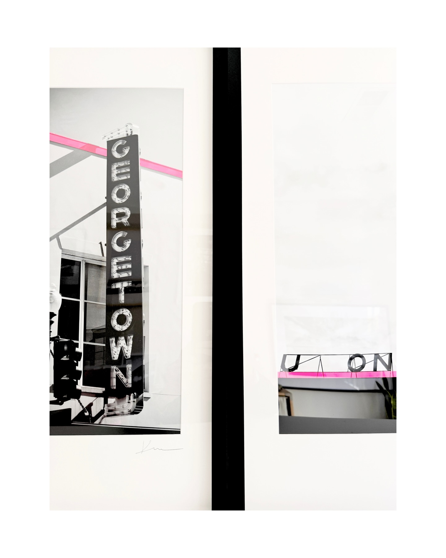 Hand-applied neon pink accents on black-and-white giclée prints. Why? To highlight the graphic lines of the composition. But really? Because it’s cool.