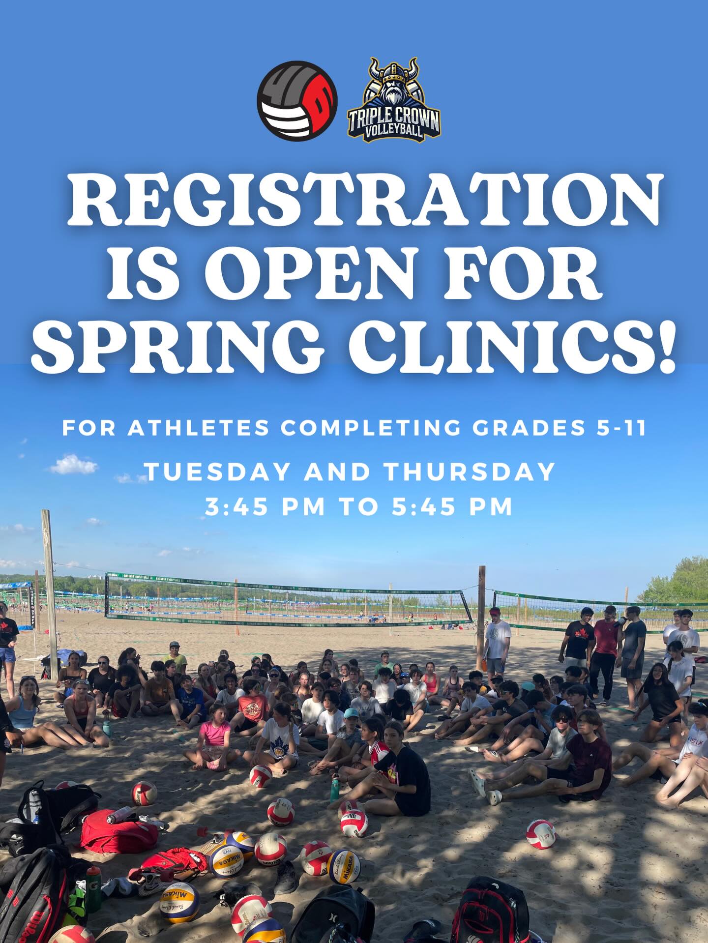 It’s that time of year again☀️‼️Make sure you click the link in our bio and register for SPRING BEACH CLINICS! Running from May to June, registration is open for anyone grades 5-11🏖️🏐