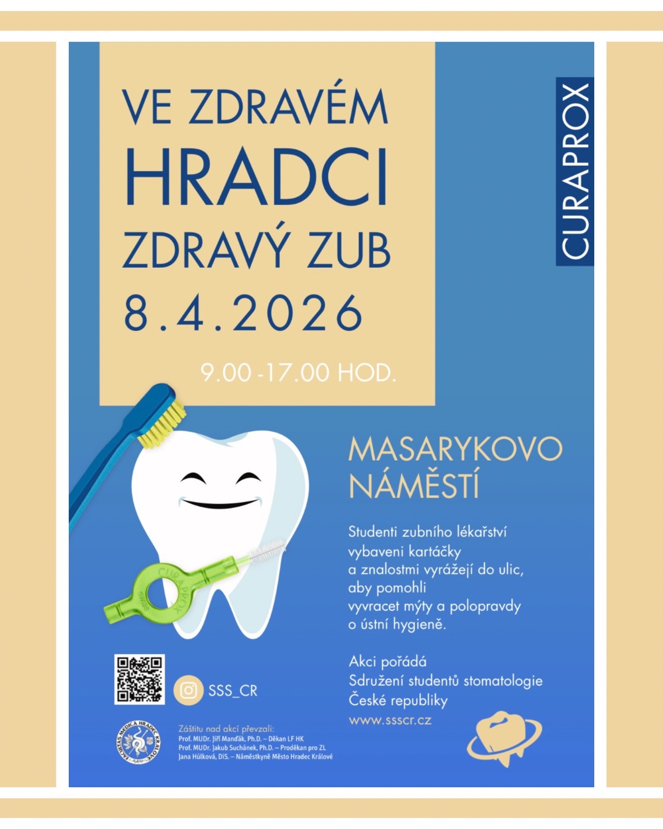 Hledáme studenty na preventivní akci pro veřejnost! 🦷
Chceš si vyzkoušet komunikaci s pacienty a získat cenné zkušenosti do praxe? 💬
Zapoj se do akce zaměřené na dentální hygienu a prevenci, kde budeš pomáhat veřejnosti se správnou technikou čištění a sdílet své znalosti o ústním zdraví.
A co Tě čeká? Praxe v terénu, edukace veřejnosti, fajn den s ostatními studenty napříč ročníky, malá odměna a skvělý pocit. 🙌
📅 8. 4. 2026
⏰ 9:00–17:00
📍 Masarykovo náměstí
👉 Máš zájem? Přihlas se přes odkaz v biu!
Těšíme se na každého, kdo se chce zapojit 💛
#zubnilekarstvi #studenti #praxe #prevence #dentalnihygiena