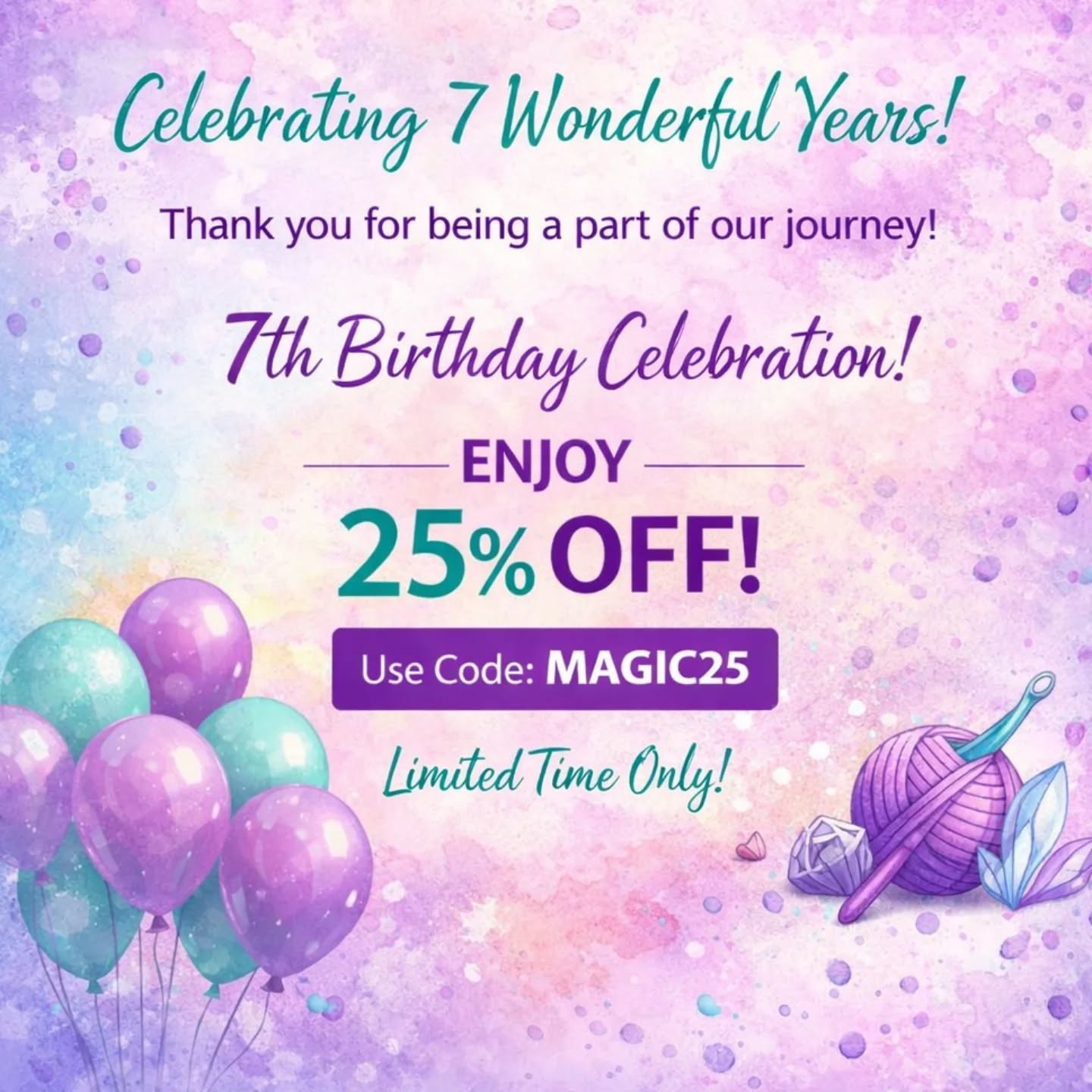 I'm delighted to be celebrating my crochet Birthday with a big thank you and a little treat—25% OFF with code MAGIC25 💜
Your support means the world to me. Here’s to many more stitches, years, and shared creativity 🧶✨
Code works on all patterns listed in my Ravelry and Etsy Shop, linked in bio and stories. Enjoy!
#happybirthday #crochetmagic #crochethooksandmagic #crochetersofinstagram