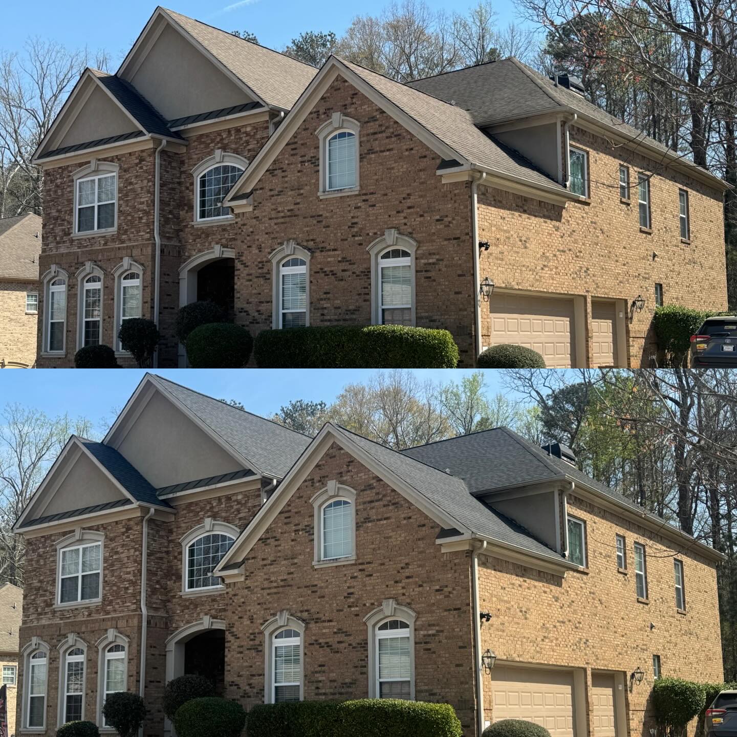 Before and after photos of a new GAF Timberline Charcoal Natural Shadow Shingle Installment… #gafroofing