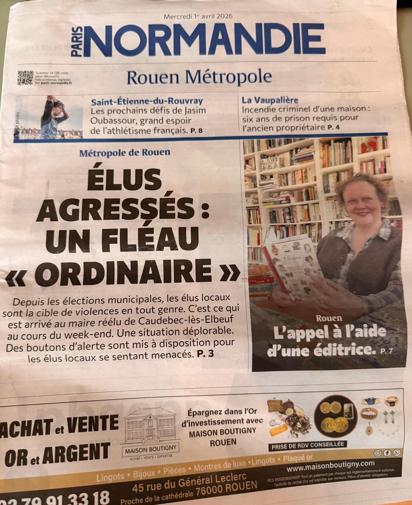 Aujourd’hui, je suis à la une du journal @paris_normandie grâce à un article de Mélanie Bourdon. Et ce n’est pas un poisson d’avril ;)
C’est un excellent moyen de faire parler de la maison d’édition et de relayer la campagne de financement participatif @ulule . De ce côté-là, à -5 jours de la fin, nous sommes à 77% de notre objectif. C’est bien, mais il reste encore plus de 1000€ à obtenir, il ne faut rien lâcher ! J’en profite pour remercier la Région Normandie, l’agence du livre @normandielivrelecture qui m’accompagne et me soutient depuis notre joyeuse arrivée dans la @villederouen. #letageredubas #parisnormandie #litteraturejeunesse #rouen #normandielivreetlecture