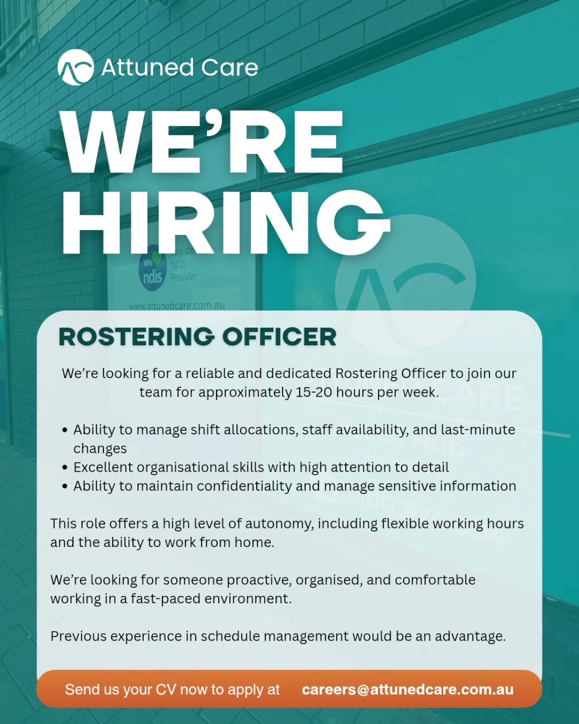 We’re hiring a Rostering Officer.
Flexible, remote role (15–20 hrs/week) with a high level of autonomy, ideal for someone organised, responsive, and confident managing changing rosters.
📩 careers@attunedcare.com.au
#AttunedCare #WeAreHiring #NDISJobs #AdelaideJobs #FlexibleWork