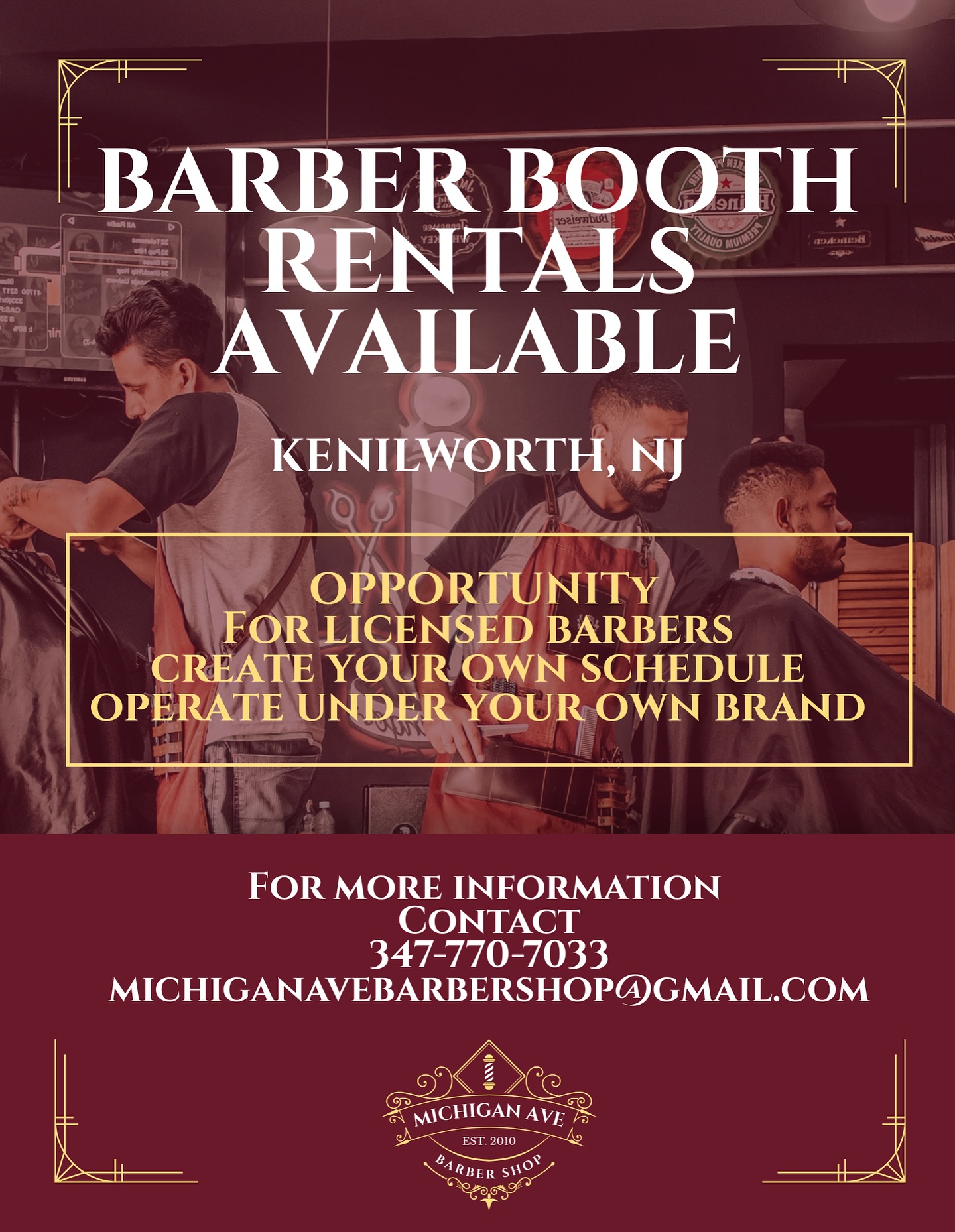 Looking for a spot to grow your barber business? Booth rentals now available in Kenilworth, NJ. Licensed barbers only. Build your clientele, run your schedule, and work under your own brand. Contact us at 347-770-7033.
#MichiganAveBarberShop #NJBarber #NewJerseyBarber #UnionCountyNJ
#KenilworthNJ #CranfordNJ
#WestfieldNJ #SpringfieldNJ #ClarkNJ #RoselleParkNJ
#UnionNJ #ElizabethNJ
#ScotchPlainsNJ #MountainsideNJ #GarwoodNJ
#LindenNJ #RahwayNJ
#FanwoodNJ #ParamusNJ #FairLawnNJ
#BergenCountyNJ #NorthJerseyBarber
#NJBarbershop #NYCBarber
#ManhattanBarber #BarberHiring
#BarberOpportunity #barbercommunity