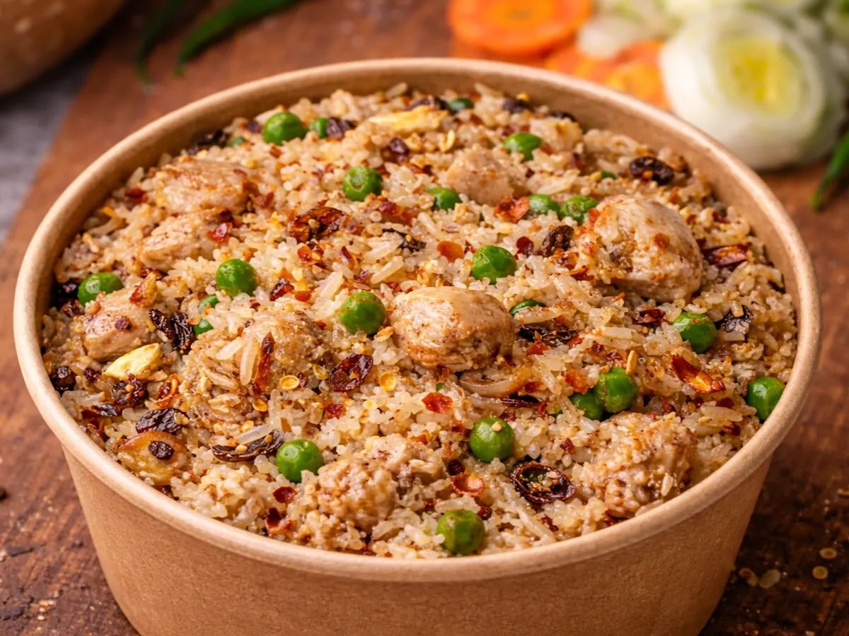 Special rice
£7.99
Spicy chicken, green peas, cashews, sultanas, fried onions