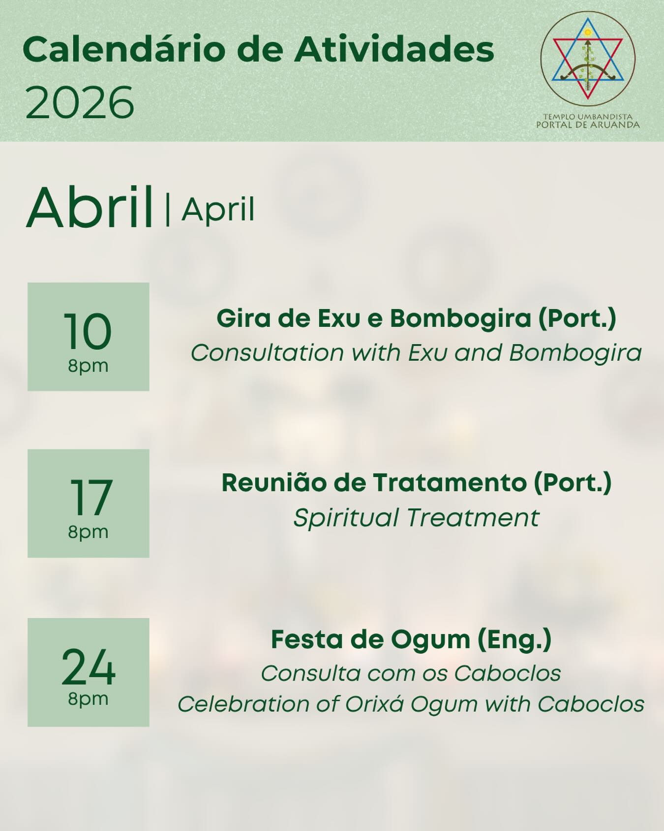 Olá! Aqui está o calendário de atividades para o mês de Abril. Uma semana de muita luz para todos!
Hello! Here is the calendar of activities for the month of April. Wishing you all a blessed week!
#umbanda #umbandalosangeles