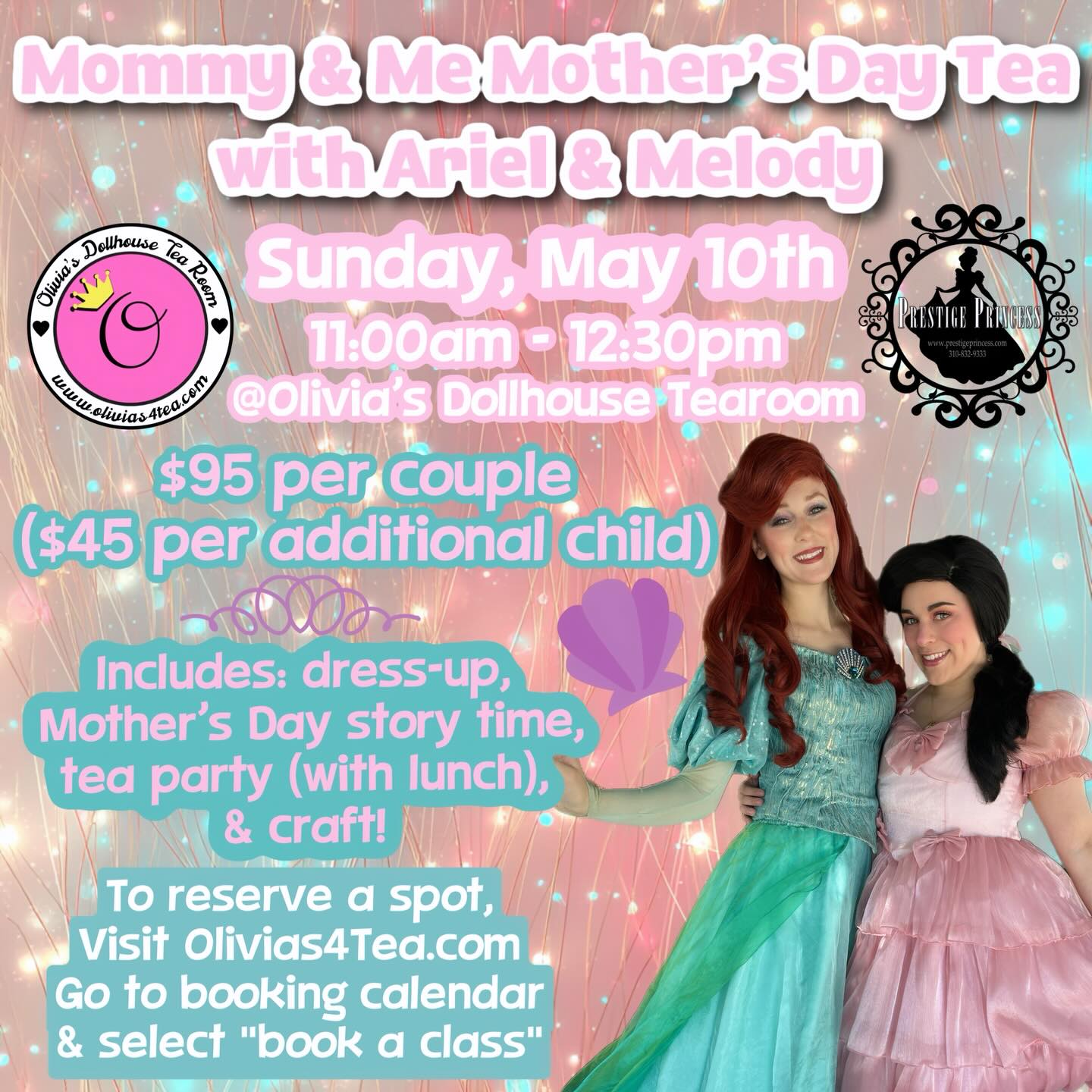 Need plans for Mother’s Day?? Join us for a special tea time with Princess Ariel & her daughter Melody💞
…
Moms & their littles (or grandma’s & their grandchildren) can come in, get dressed up, have a tea party, and make a craft! It’s going to be fintastic fun!✨
Limited spots available, so be sure to sign up before they’re gone! Head on over to olivias4tea.com, go to booking calendar, and select “book a class”👑
…
#mothersday #princessparty #teatime #southbaymoms #pvmoms