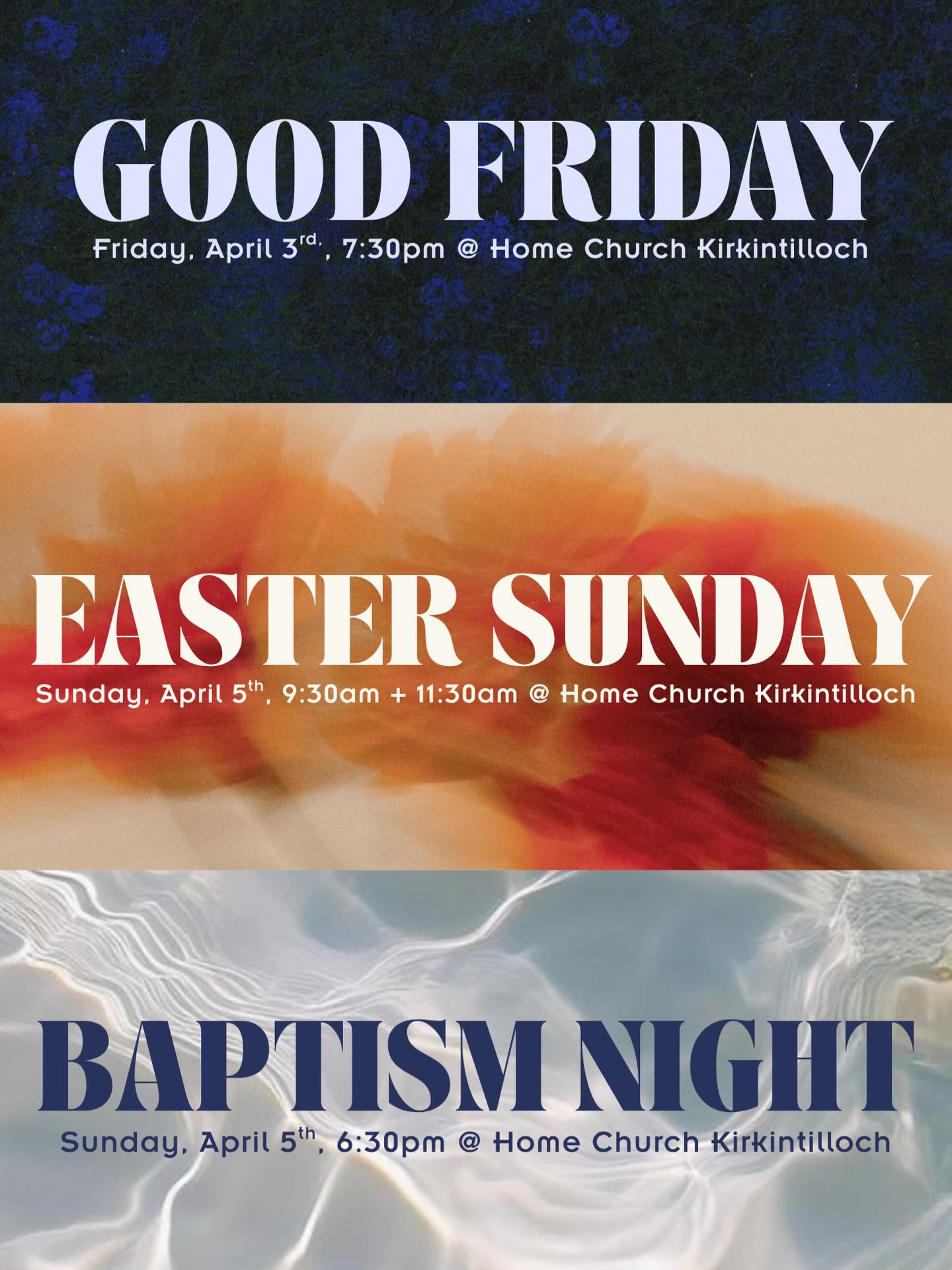 Easter weekend is almost here 🌿
Join us as at these times at our Kirkintilloch location as we celebrate the hope, joy, and new life found in Jesus!
We can’t wait to see you!
Kirkintilloch Location Service Times:
GOOD FRIDAY || 7:30PM
SUNDAY MORNING || 9:30AM + 11:30AM
SUNDAY BAPTISM NIGHT || 6:30PM