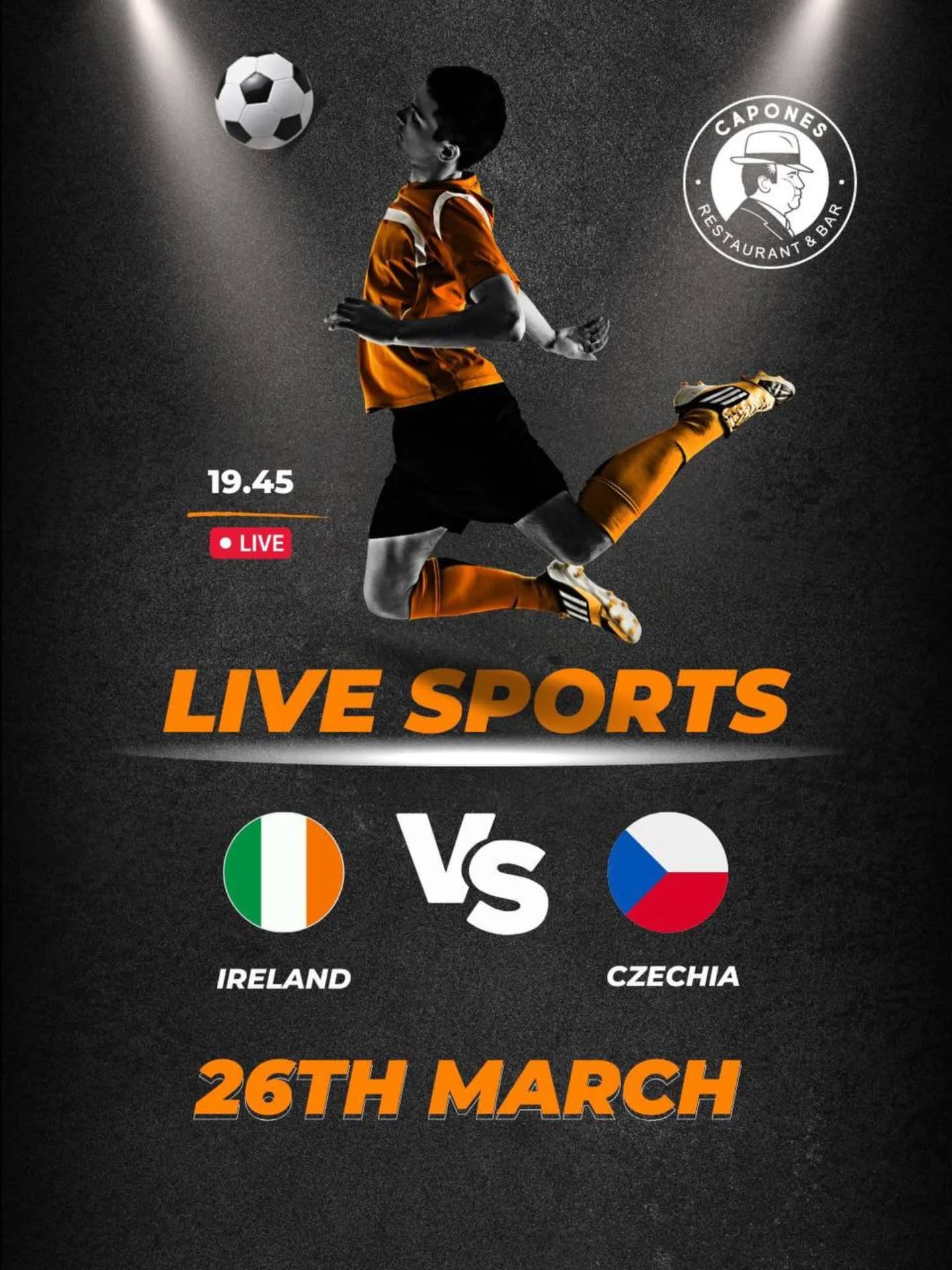 Thursday plans sorted ✔️
Ireland take on Czech Republic at 19:45
Round up your crew, grab a pint, and catch every moment live at Capones
Football, friends, and proper vibes ⚽
#caponesgalway #galway #livesports