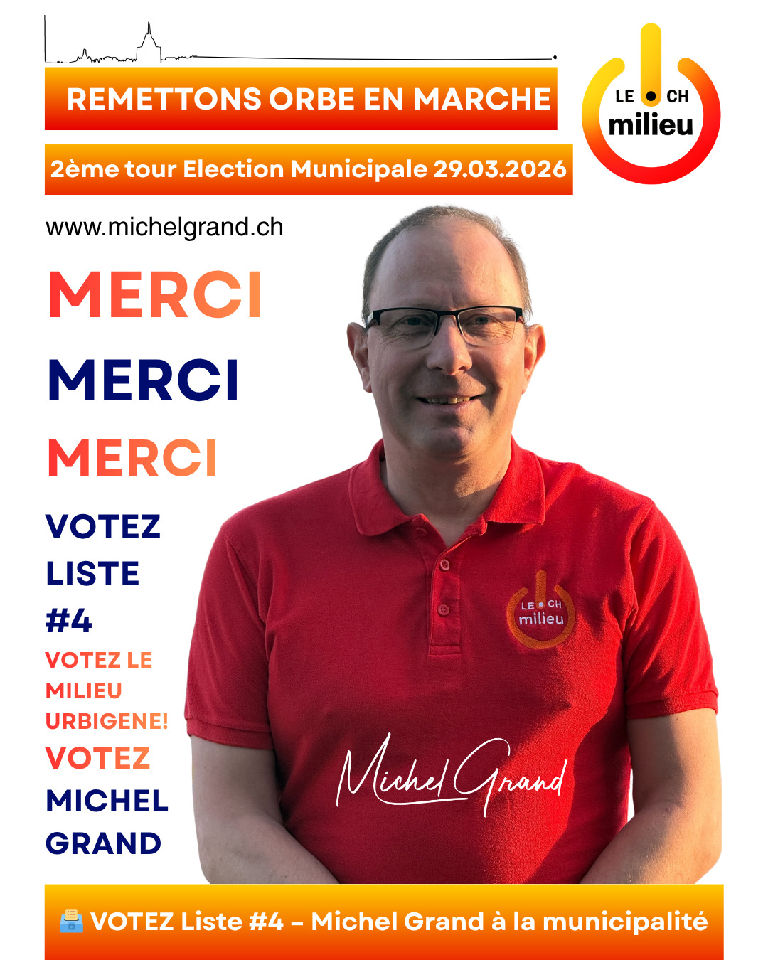 🙏 MERCI.
Merci pour votre soutien, vos messages, vos échanges ces dernières semaines.
Merci pour votre confiance.
En quelques mois, nous sommes partis de zéro.
Et aujourd’hui, nous sommes encore là.
Il reste 2 jours.
2 jours pour faire un choix important pour l’avenir d’Orbe.
Je ne suis pas un candidat de slogans.
Je suis un candidat d’engagement, de travail et de responsabilité.
Si vous croyez en :
👉 une gestion sérieuse
👉 une nouvelle dynamique
👉 un renouveau pour Orbe
Alors je vous invite à faire ce choix.
Avec humilité, avec détermination,
👉 je suis prêt à m’engager pour vous.
🗳️ Votez Michel Grand
Liste #4 – Le Milieu Urbigène
Ensemble, remettons Orbe en marche.
#MichelGrand #Orbe #Orbe2026 #MunicipaliteOrbe #ElectionOrbe #LeMilieu #Votez #DerniereLigneDroite #Engagement #Confiance #Leadership #Changement #OrbeEnMarche #Citoyens #AvenirOrbe