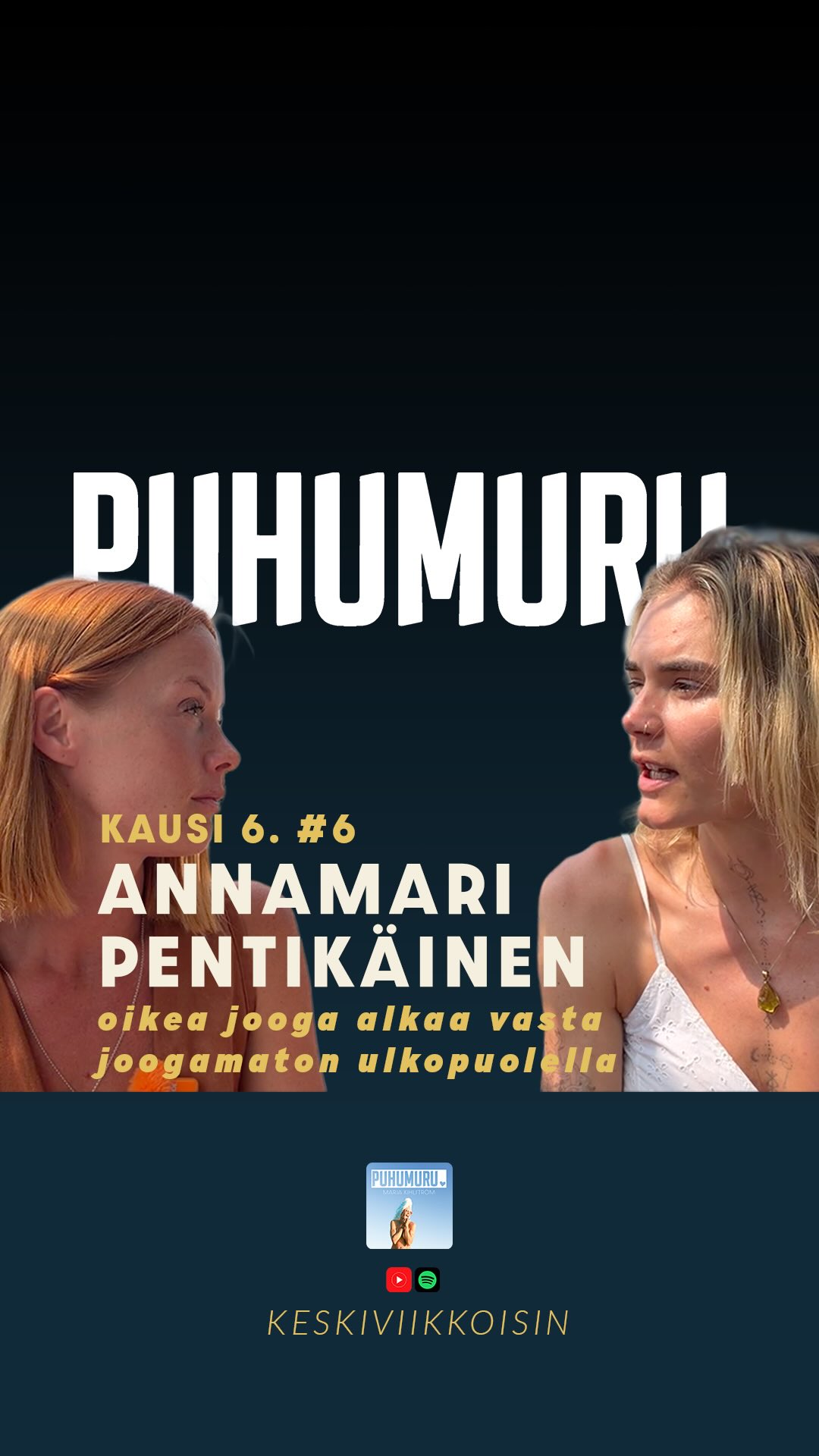 Jakson sponsoroi Annamari Yoga – tila, jossa saat hetken olla ilman vaatimuksia. annamariyoga.com / @annamariyoga
Tämä jakso on nauhoitettu Sri Lankassa, ja sen kyllä tuntee. Mä keskustelen Annamari Pentikäisen kanssa – joogaopettajan ja retriittien ohjaajan, jonka polku ei ole ollut suora, vaan täynnä käännöksiä, jotka lopulta veivät hänet tänne.
Puhutaan siitä, miltä tuntuu kadottaa yhteys itseensä ja yrittää paikata sitä olemalla “hyvä” ja positiivinen. Siitä väsymyksestä, joka ei katoa suorittamalla, ja siitä mitä tapahtuu, kun hetkeksi lakkaa yrittämästä ymmärtää kaikkea. Annamarin retriiteillä ei haeta nopeita vastauksia, vaan opetellaan olemaan – vaikka se tarkoittaisi sitä, että paperille tulee ajatus: “vittu mitä paskaa”.
Sivutaan myös sitä, miten moni nainen kantaa hiljaista syyllisyyttä siitä, että on liikaa. Ja mitä alkaa tapahtua, kun ei enää pienennä itseään.
Tämä jakso ei ehkä anna vastauksia, mutta se voi avata jotain.
Ja ehkä muistuttaa tästä: oikea jooga alkaa vasta joogamaton ulkopuolella.
Jos tämä resonoi, kurkkaa lisää: annamariyoga.com / @annamariyoga
Ja hei Muruset 💛
Maaliskuun S-haaste on vielä hetken käynnissä – nyt 19,90 € (norm. 29,90 €), kampanja päättyy 31.3.
Jos kaipaat lempeää mutta rehellistä yhteyttä itseesi, tämä on sulle. #retriitit #srilanka #podcast #meditaatio