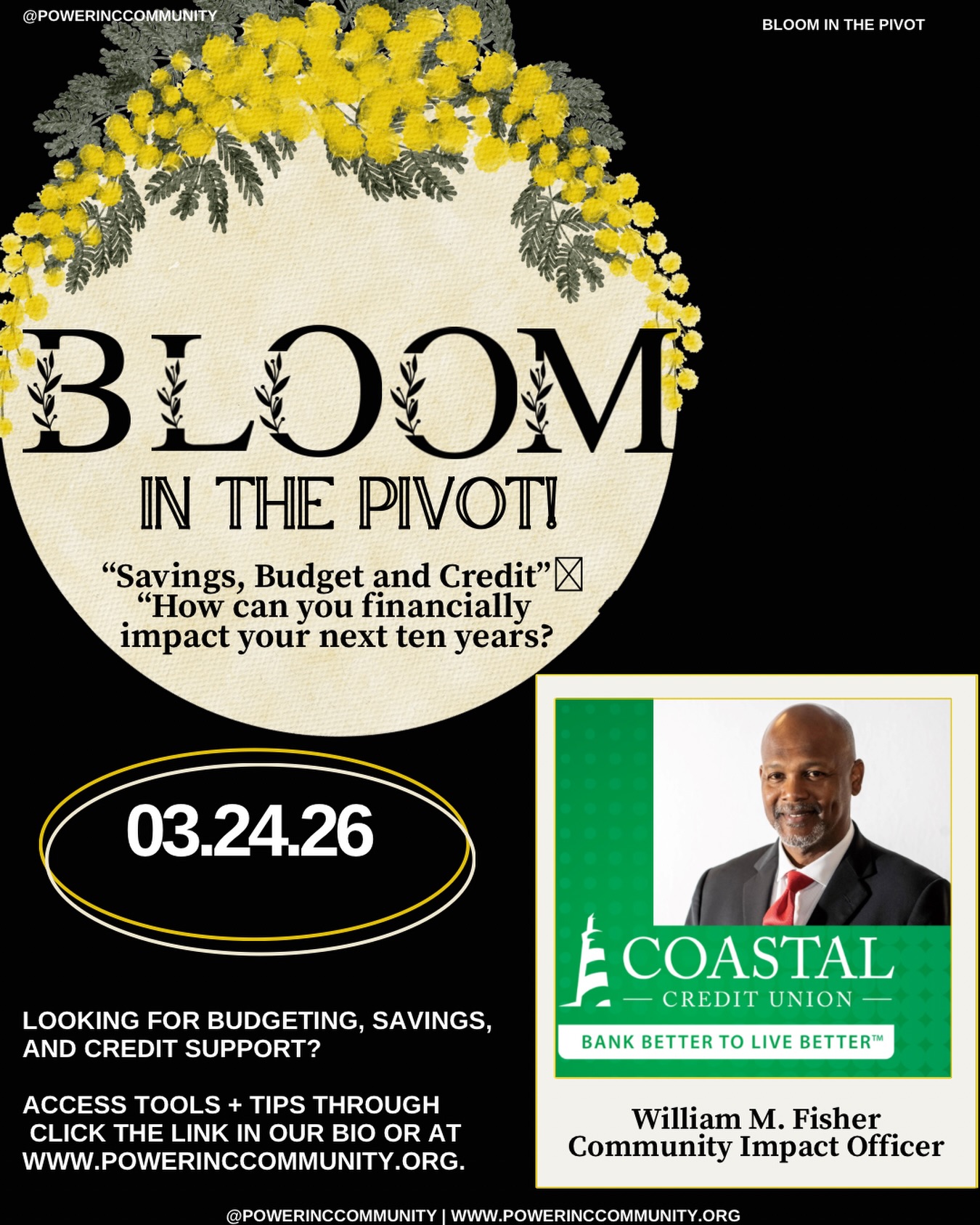 💡 Tuesday Tips!
Our friends at Coastal Credit Union are dropping some financial gems and we’re here for it! 💚
View the full presentation using the link in our bio or under Resources on our website, and don’t forget to scan the QR code at the end for your FREE financial check-up!
#TuesdayTips #BloomToPivot #CoastalCreditUnion #powerinccommunity