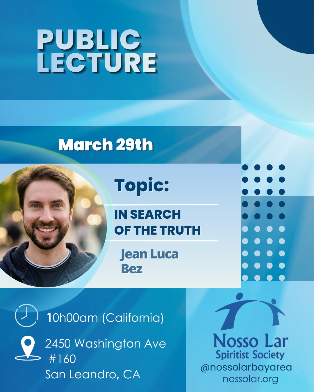 We'd love for you to join us this Sunday, March 29th, for our next public lecture! We'll be gathering at 10:00 AM (California time) at 2450 Washington Ave, Suite 160, San Leandro, CA.
Our good friend, @jean.bez , will be our guest speaker, inviting us to reflect on "In Search Of The Truth. "
Bringing the kids? We've got you covered! There will be a dedicated children's space with fun evangelization activities.
Please arrive before 10:15 AM, as the front door will close at that time. If you arrive late, instructions for entry will be posted on the door. We can't wait to see you in person!
Sincerely, Nosso Lar