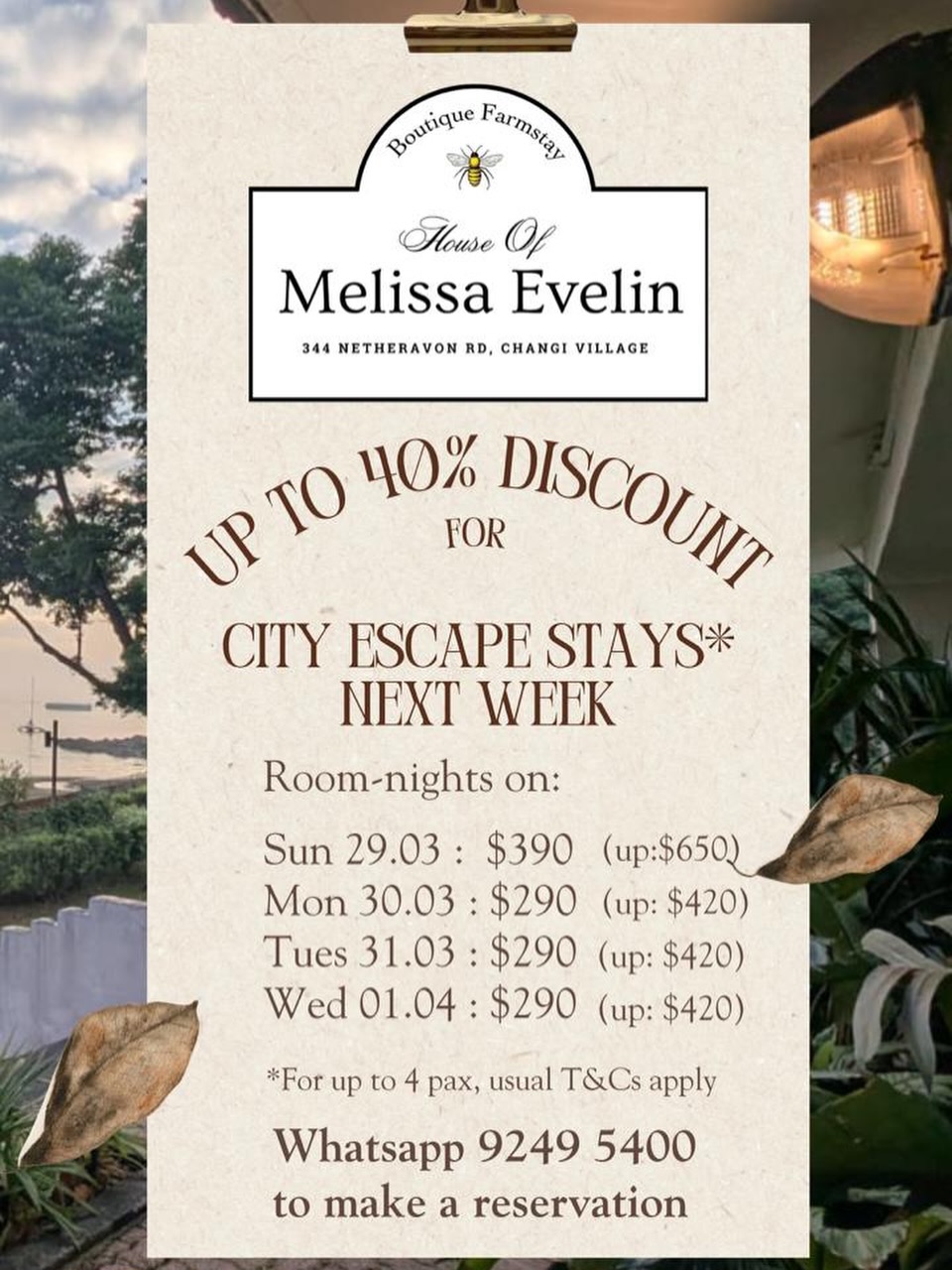 Just tell your boss you’re working from HOME (House Of Melissa Evelin) next week. Escape the city with up to 40% discount stays with us!
WhatsApp 9249 4500 to make your reservation or find out more!
